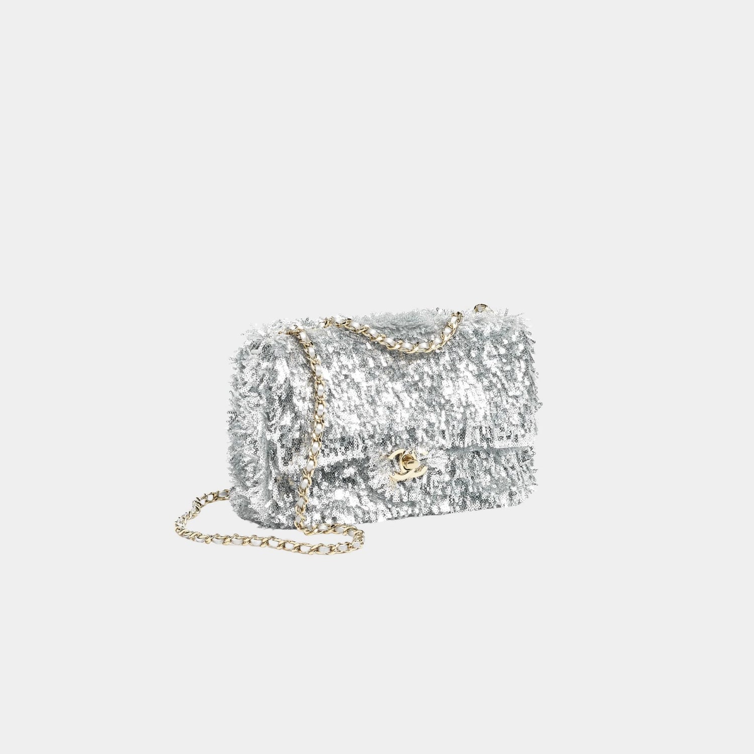 Small Flap Bag Fringed Sequins &amp; Gold-Tone Metal Silver