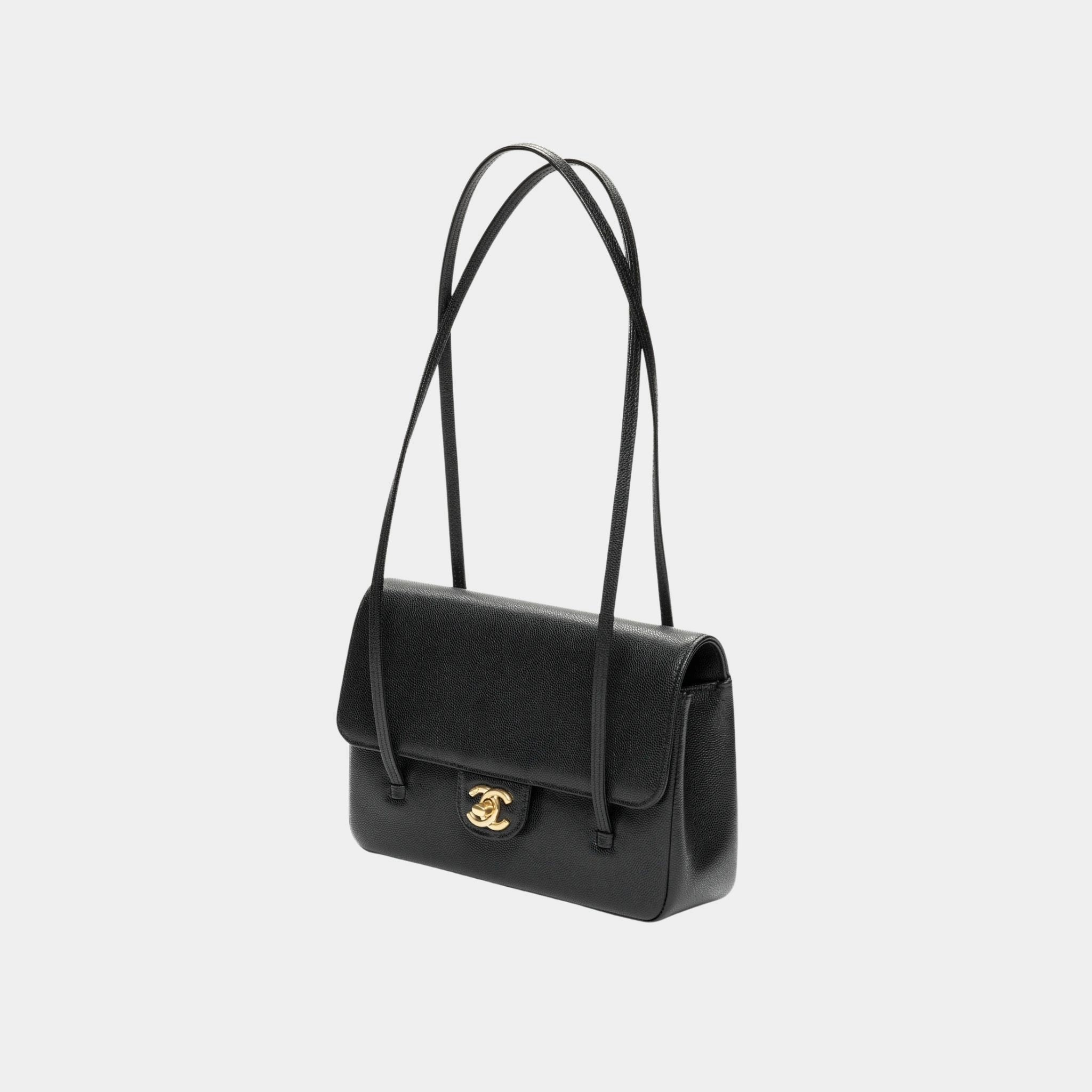 Chanel Small Flap Bag Glossy Grained Calfskin &amp; Gold-Tone Metal Black, Front 