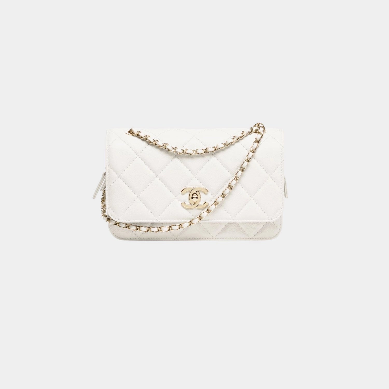 Small Flap Bag Grained Shiny Calfskin &amp; Gold Tone Metal White, Front 