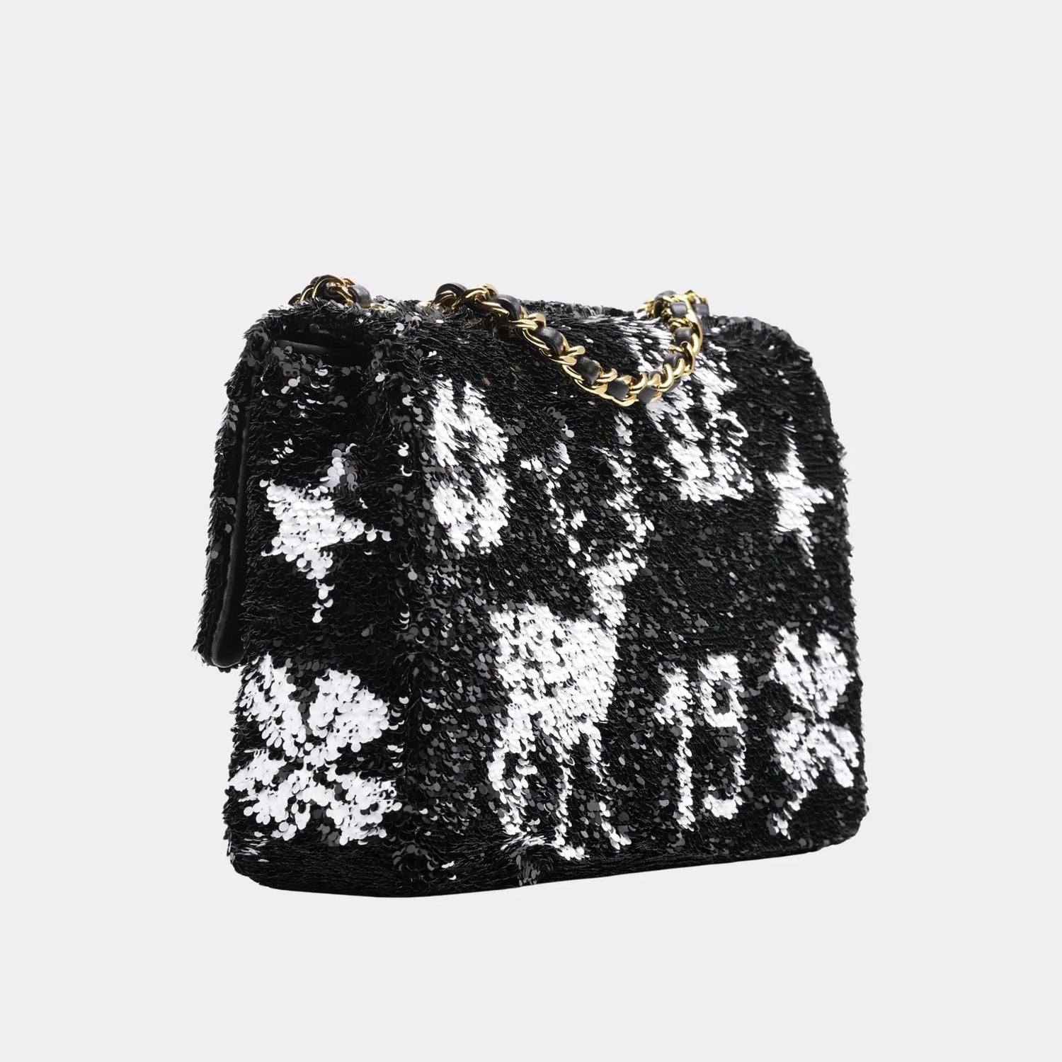 Chanel Small Flap Bag Sequins &amp; Gold-Tone Metal Black &amp; White