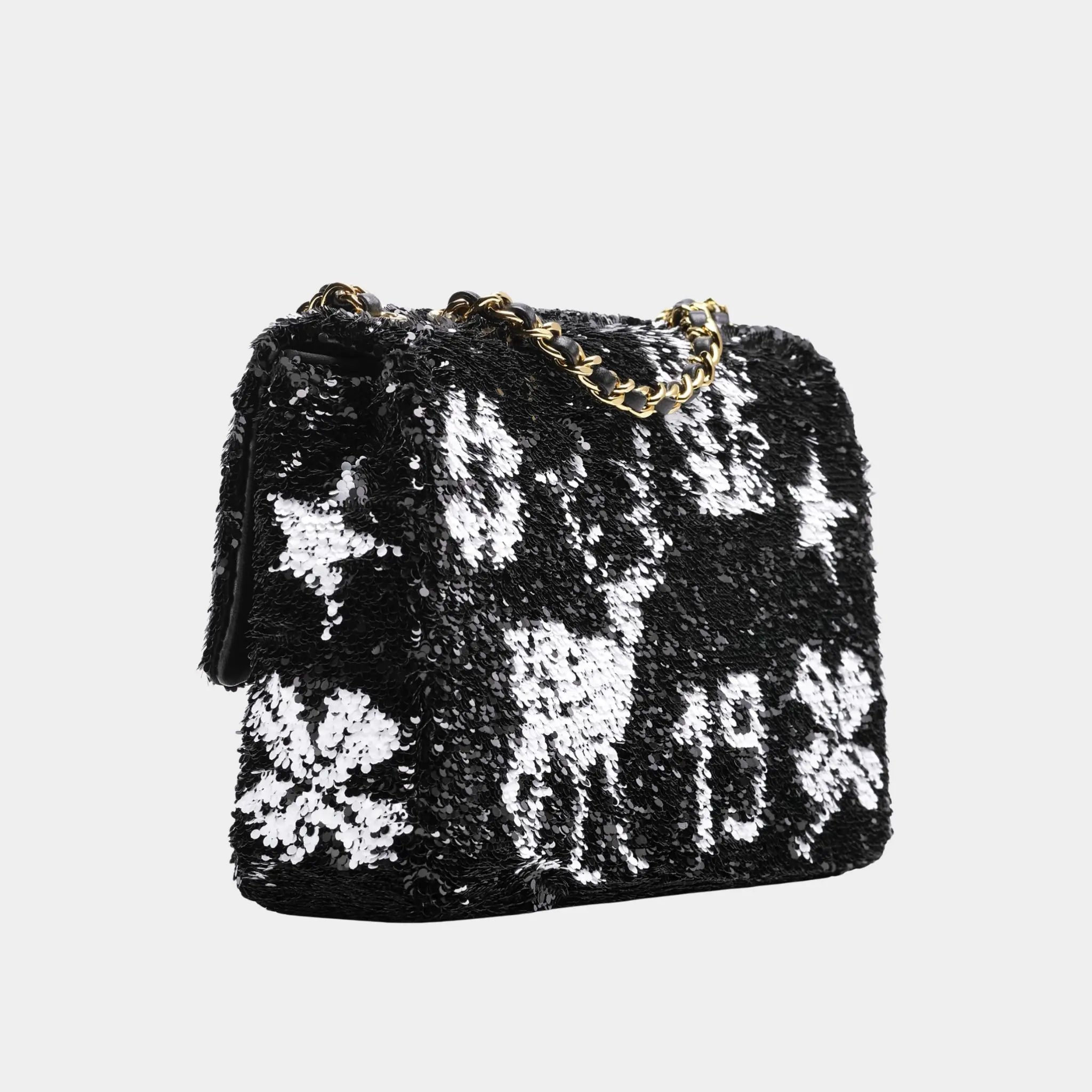 Chanel Small Flap Bag Sequins &amp; Gold-Tone Metal Black &amp; White