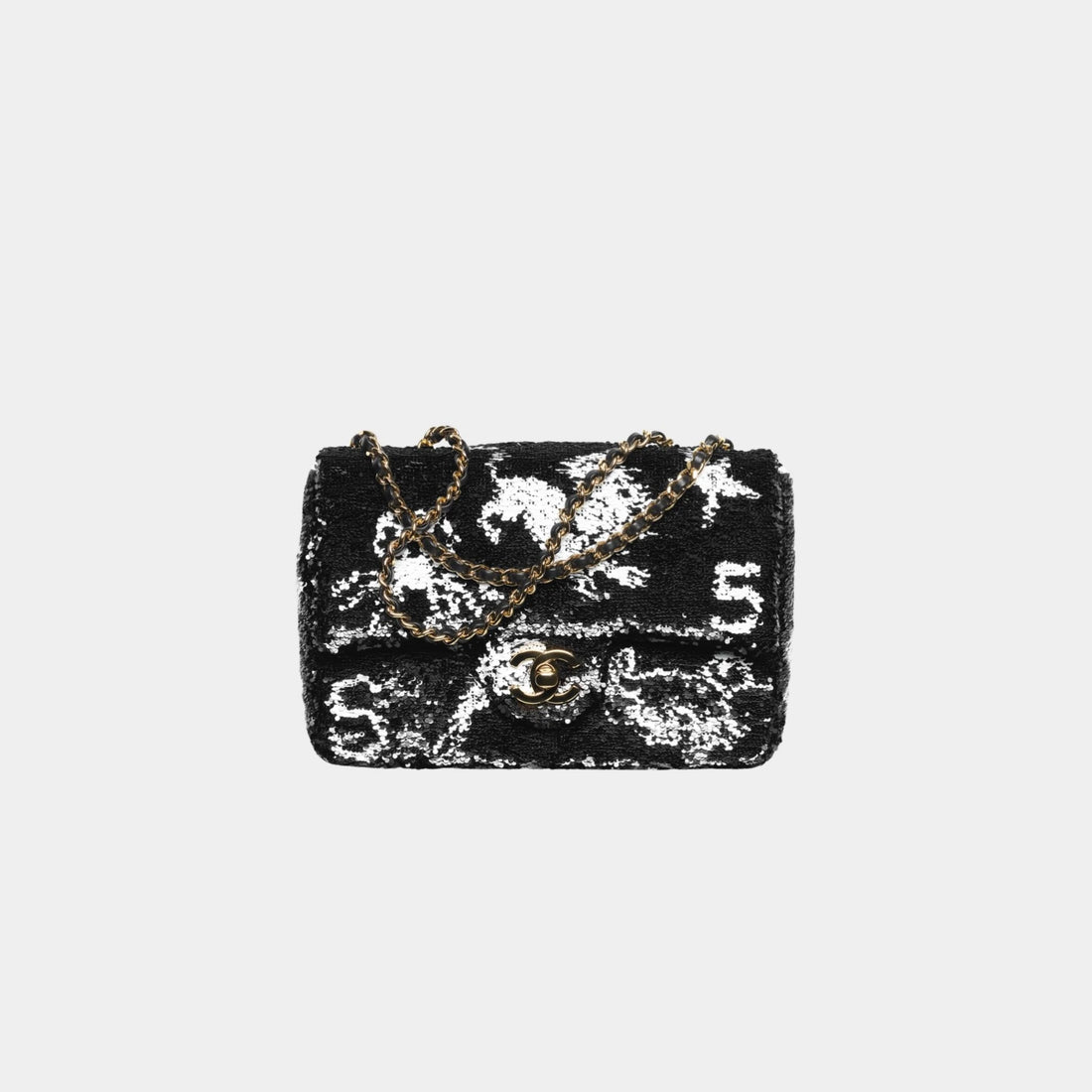 Chanel Small Flap Bag Sequins &amp; Gold-Tone Metal Black &amp; White