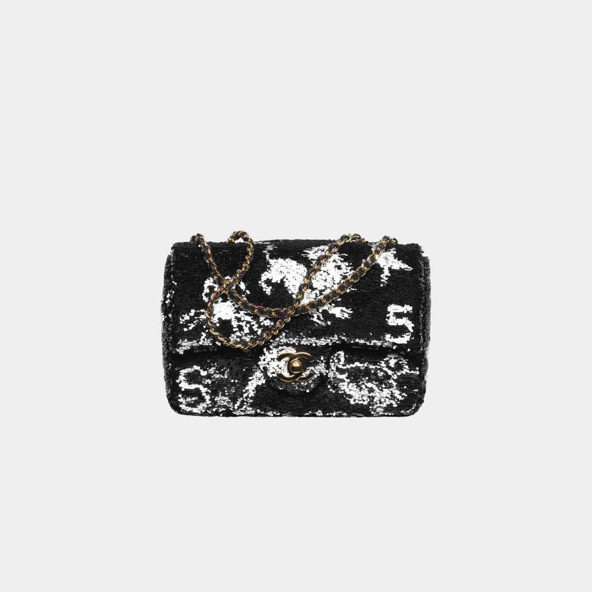 Small Flap Bag Sequins & Gold-Tone Metal Black & White