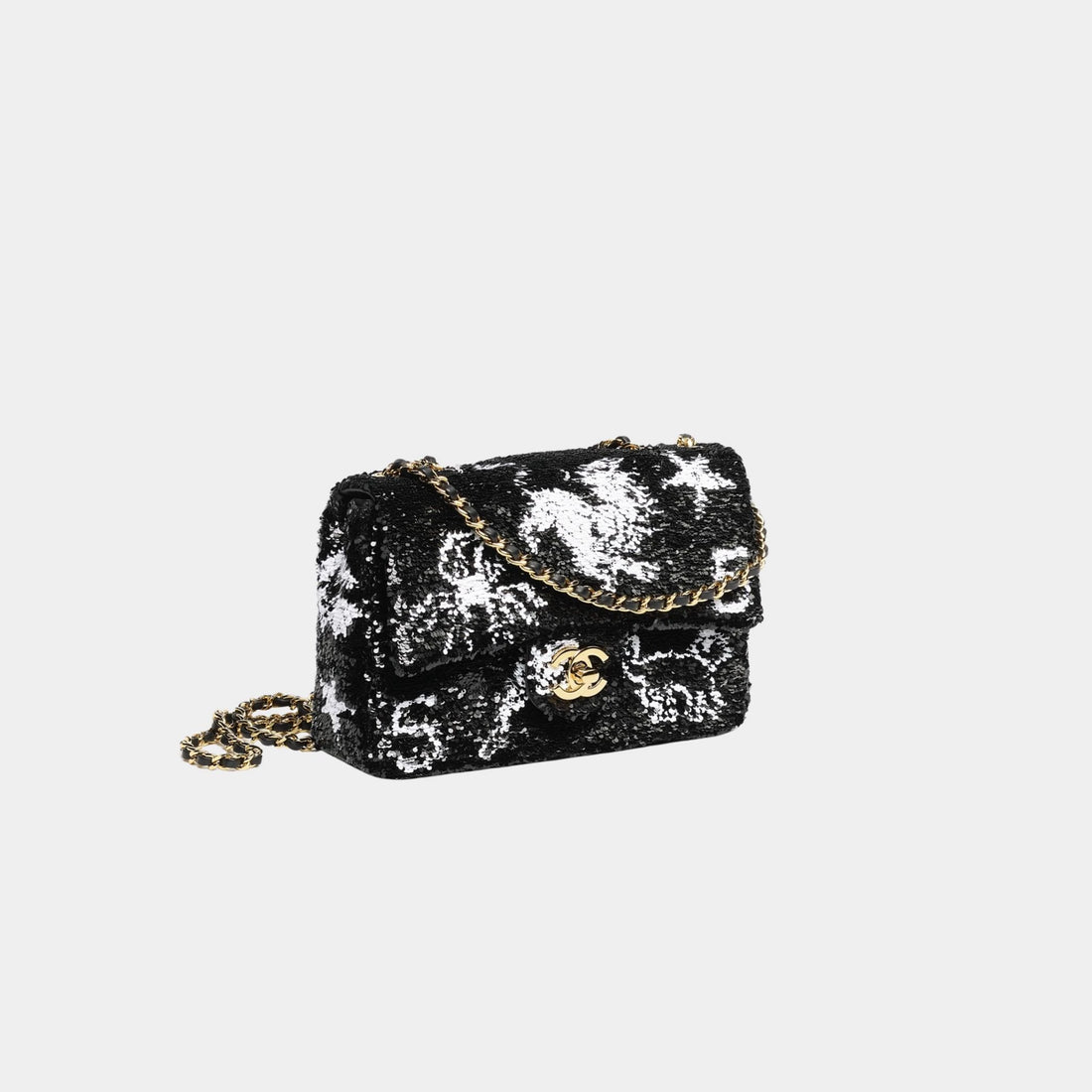 Chanel Small Flap Bag Sequins & Gold-Tone Metal Black & White
