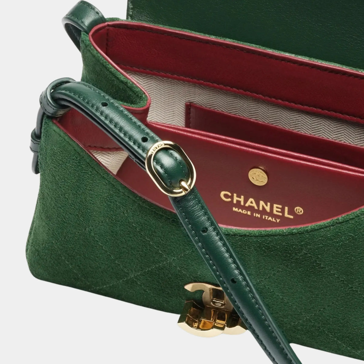 Chanel Small Flap Bag Suede Calfskin &amp; Gold-Tone Metal Dark green