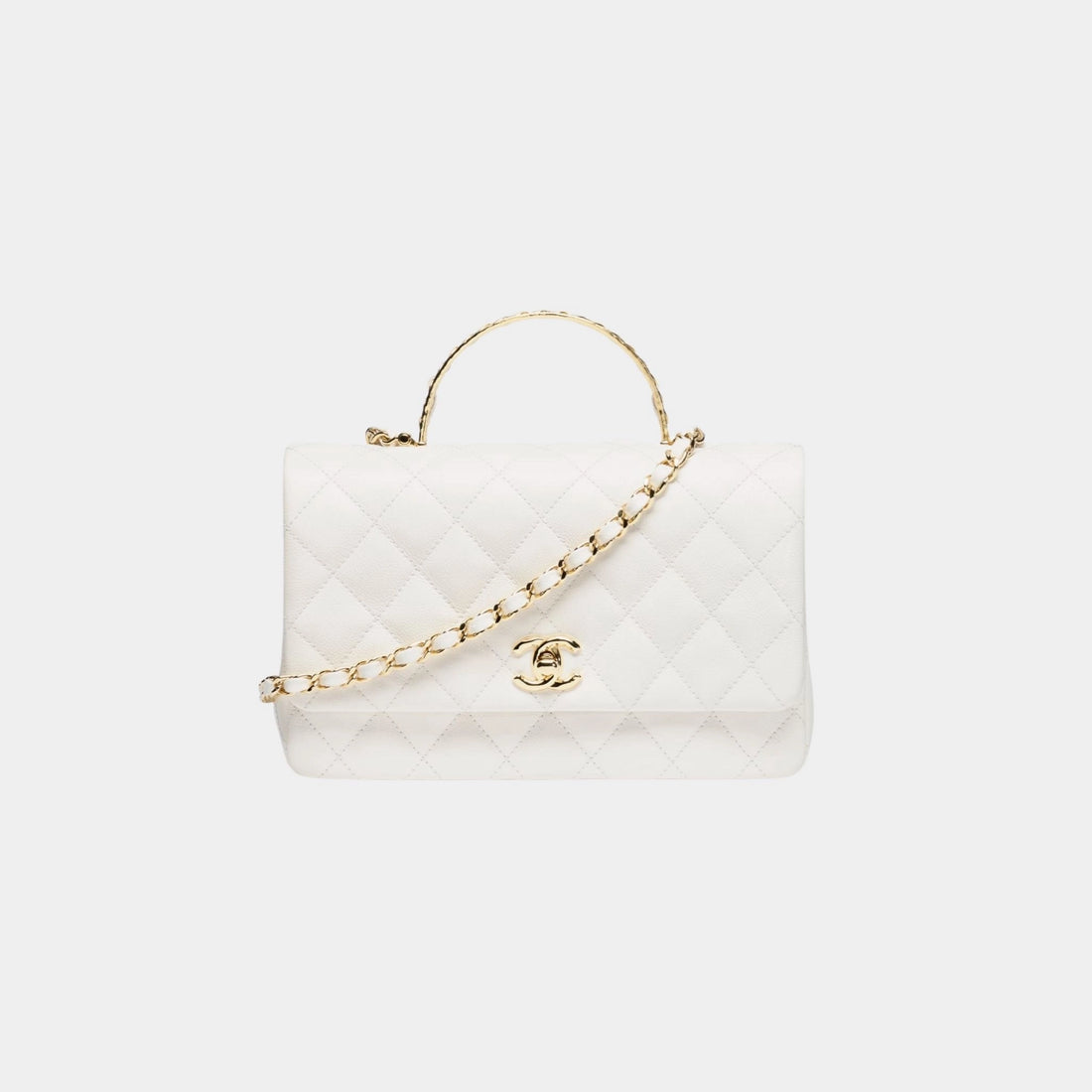 Small Flap Bag With Top handle Grained Shiny Calfskin &amp; Gold Tone Metal White, Front 