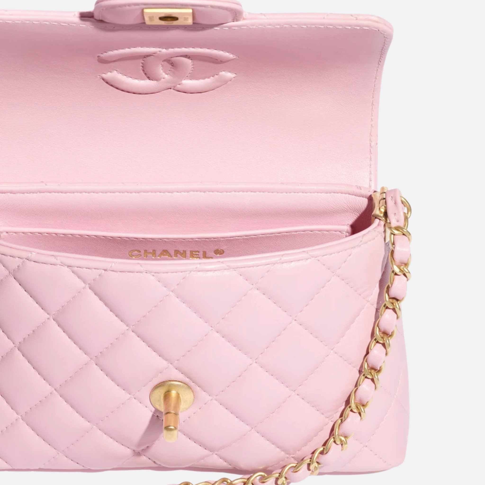 Chanel Small Flap Bag With Top Handle Lambskin, Light Pink, Inside