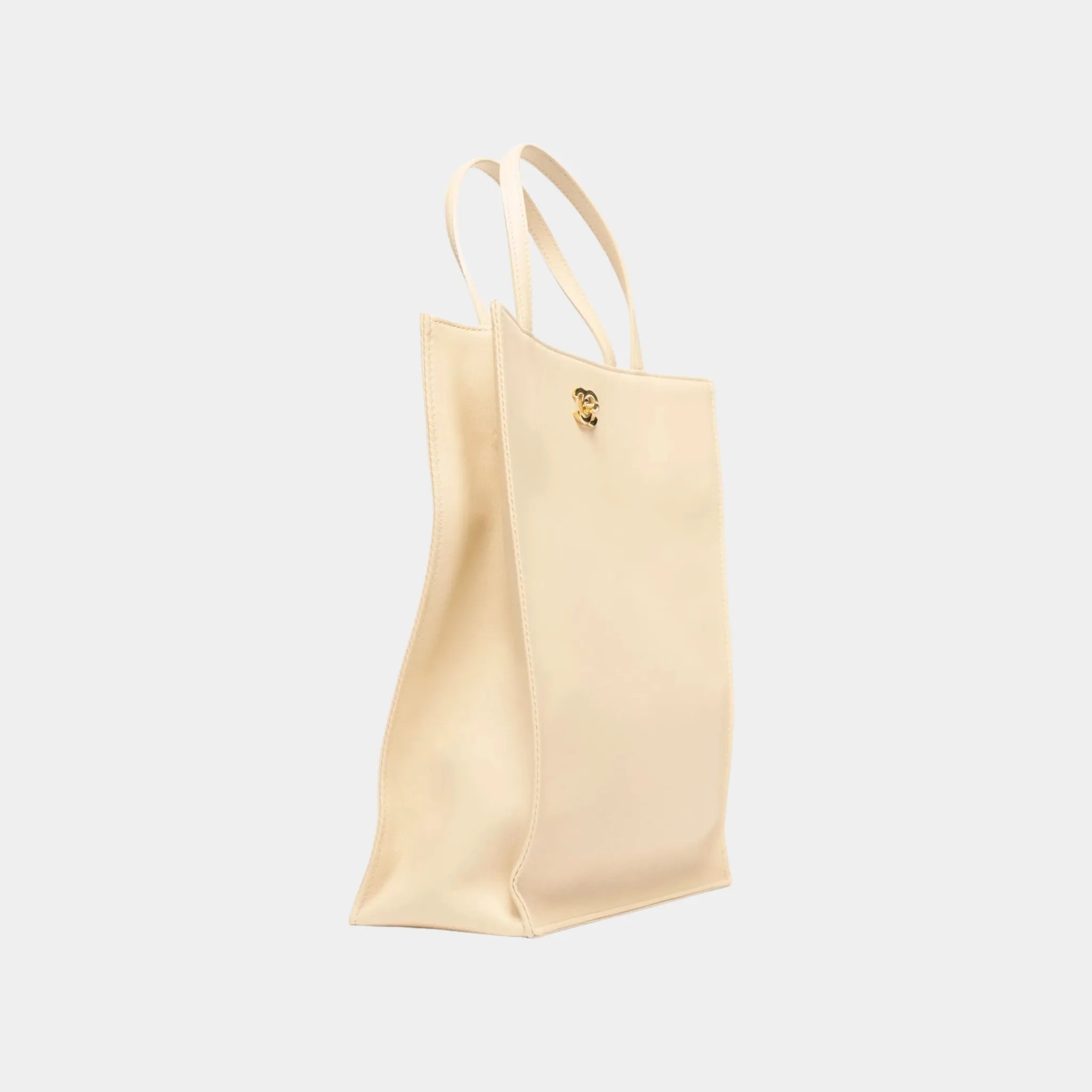 Chanel Small Tote Bag in Calfskin &amp; Gold-Tone Metal, Beige, Back
