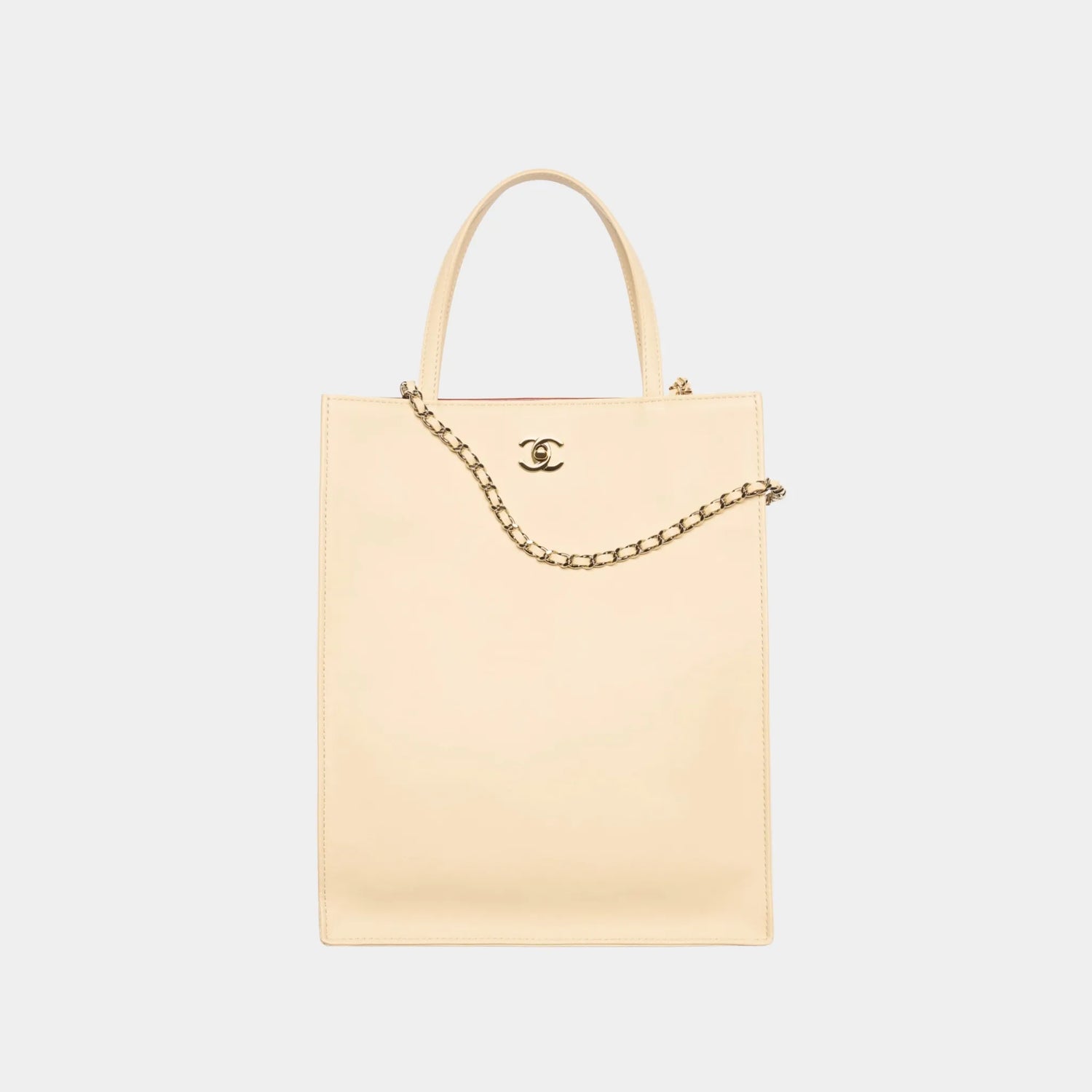Chanel Small Tote Bag in Calfskin &amp; Gold-Tone Metal, Beige, Front