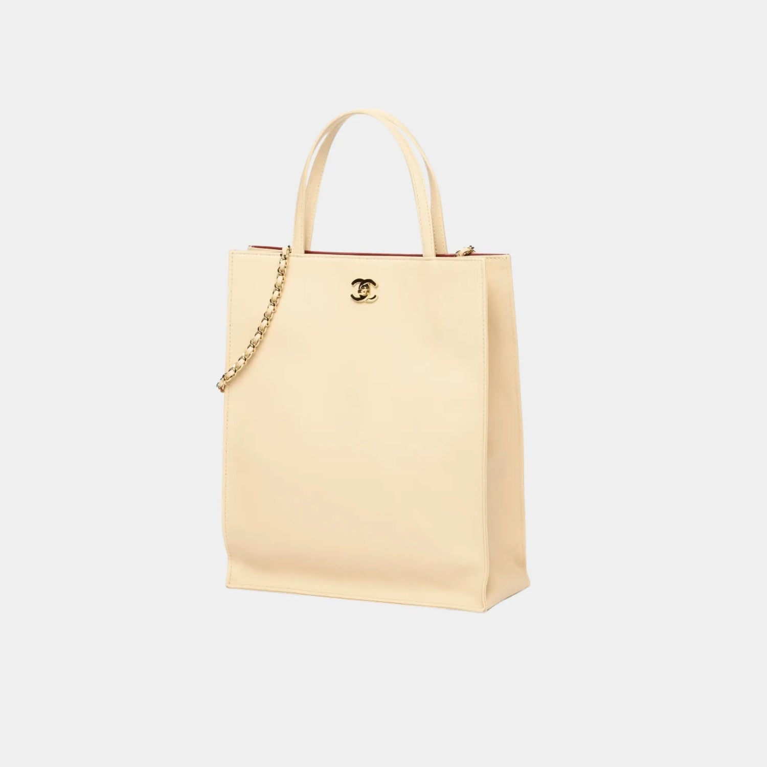Chanel Small Tote Bag in Calfskin &amp; Gold-Tone Metal, Beige, Side