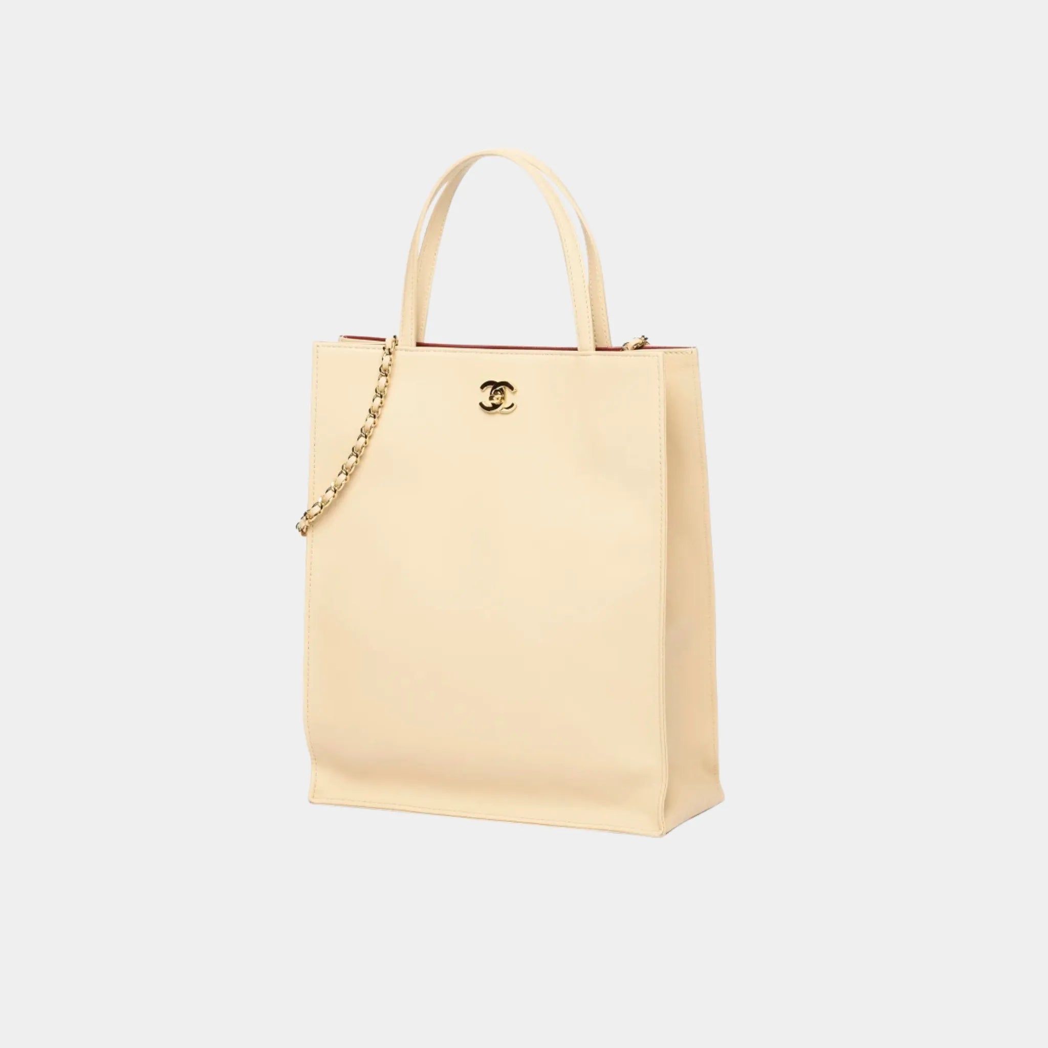 Chanel Small Tote Bag in Calfskin &amp; Gold-Tone Metal, Beige, Side