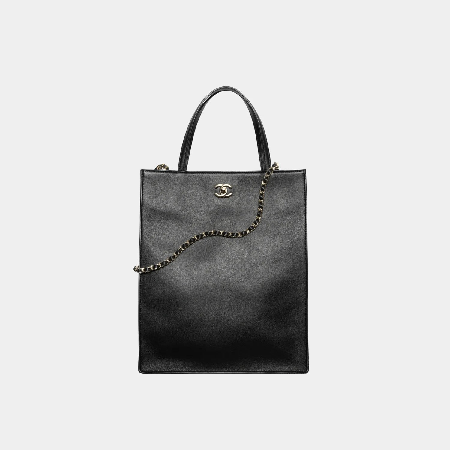 Chanel Small Tote Bag in Calfskin &amp; Gold-Tone Metal, Black, Front