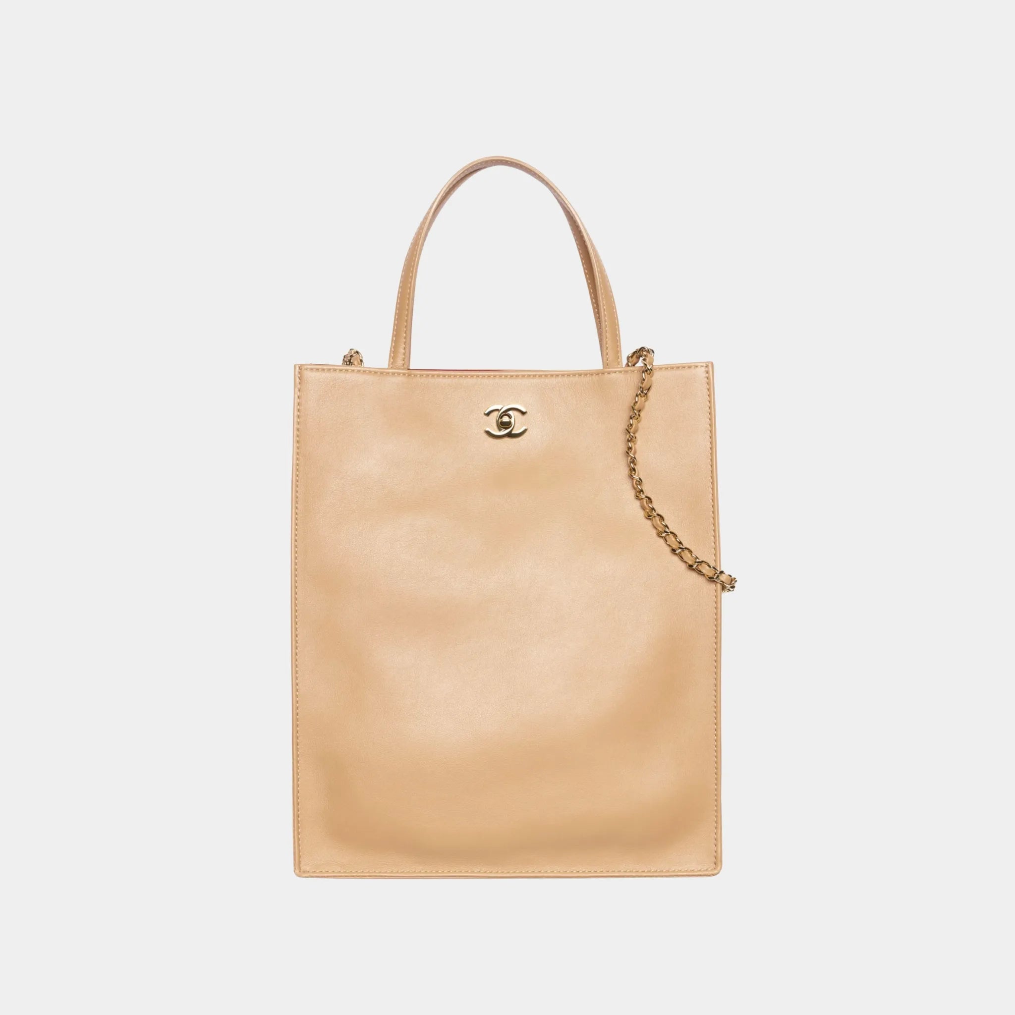 Chanel Small Tote Bag in Calfskin &amp; Gold-Tone Metal, Dark Beige, Front