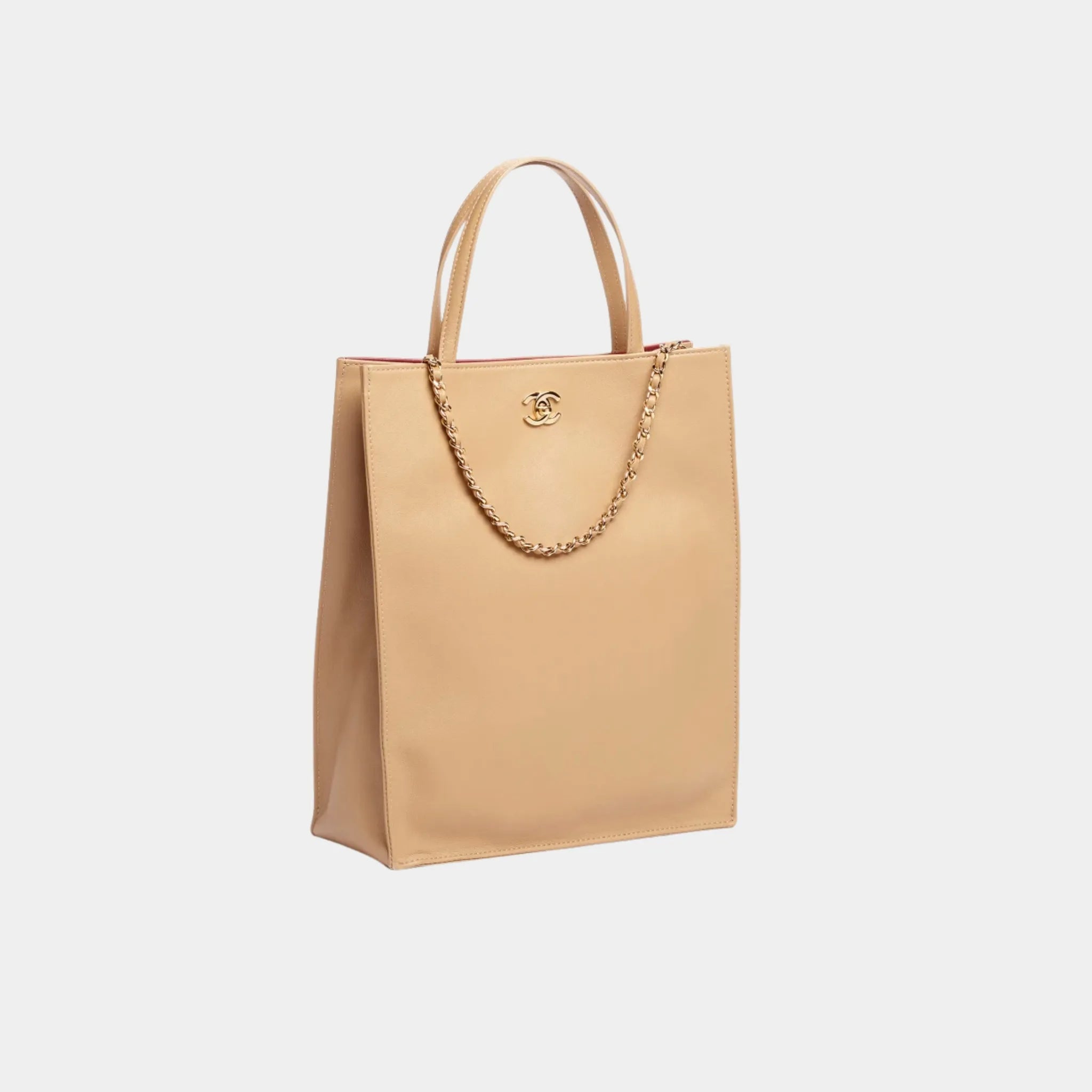 Chanel Small Tote Bag in Calfskin &amp; Gold-Tone Metal, Dark Beige, Side