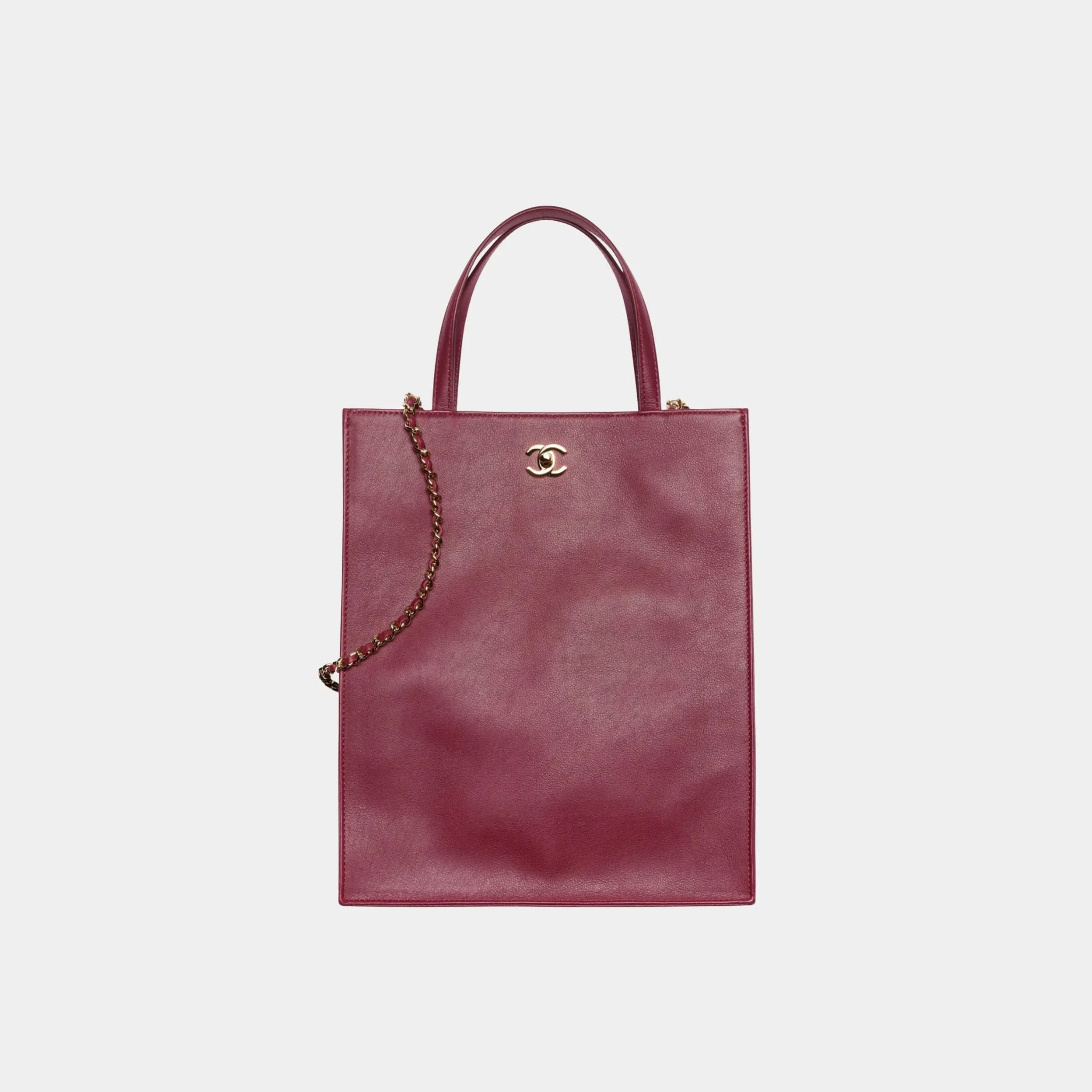 Chanel Small Tote Bag in Calfskin &amp; Gold-Tone Metal, Dark Burgundy, Front