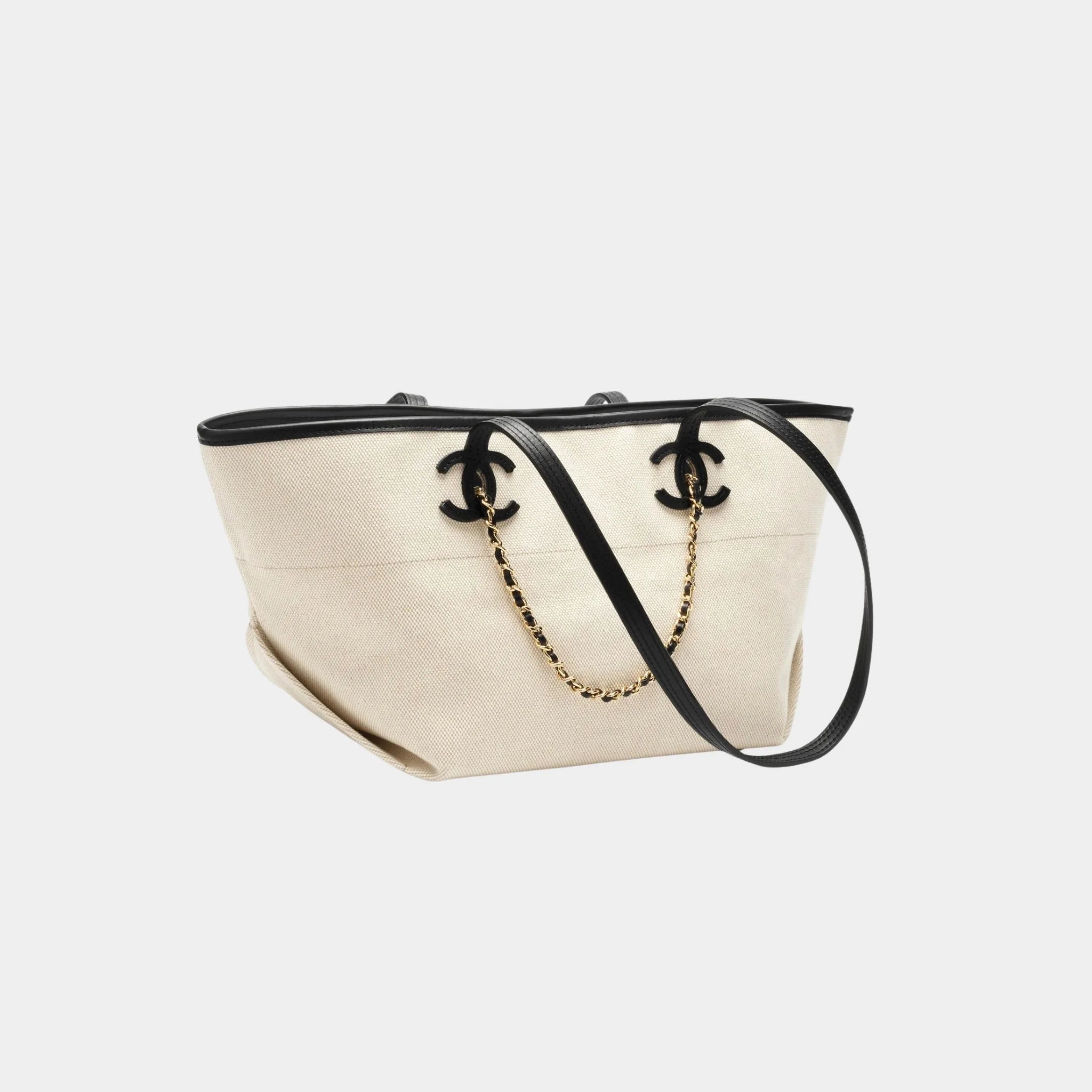 Chanel Small Tote Bag Canvas Calfskin &amp; Gold-Tone Metal Ecru &amp; Black