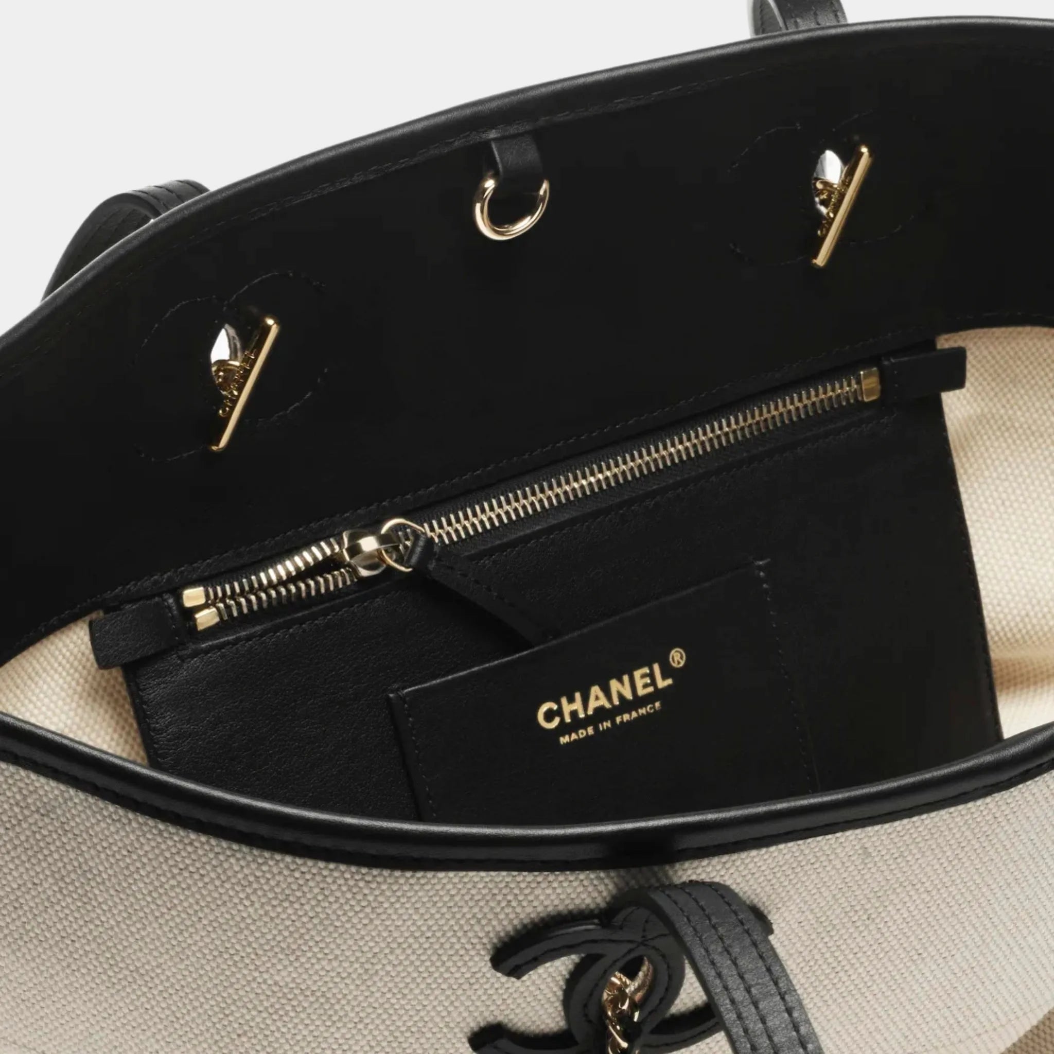 Chanel Small Tote Bag Canvas Calfskin &amp; Gold-Tone Metal Ecru &amp; Black