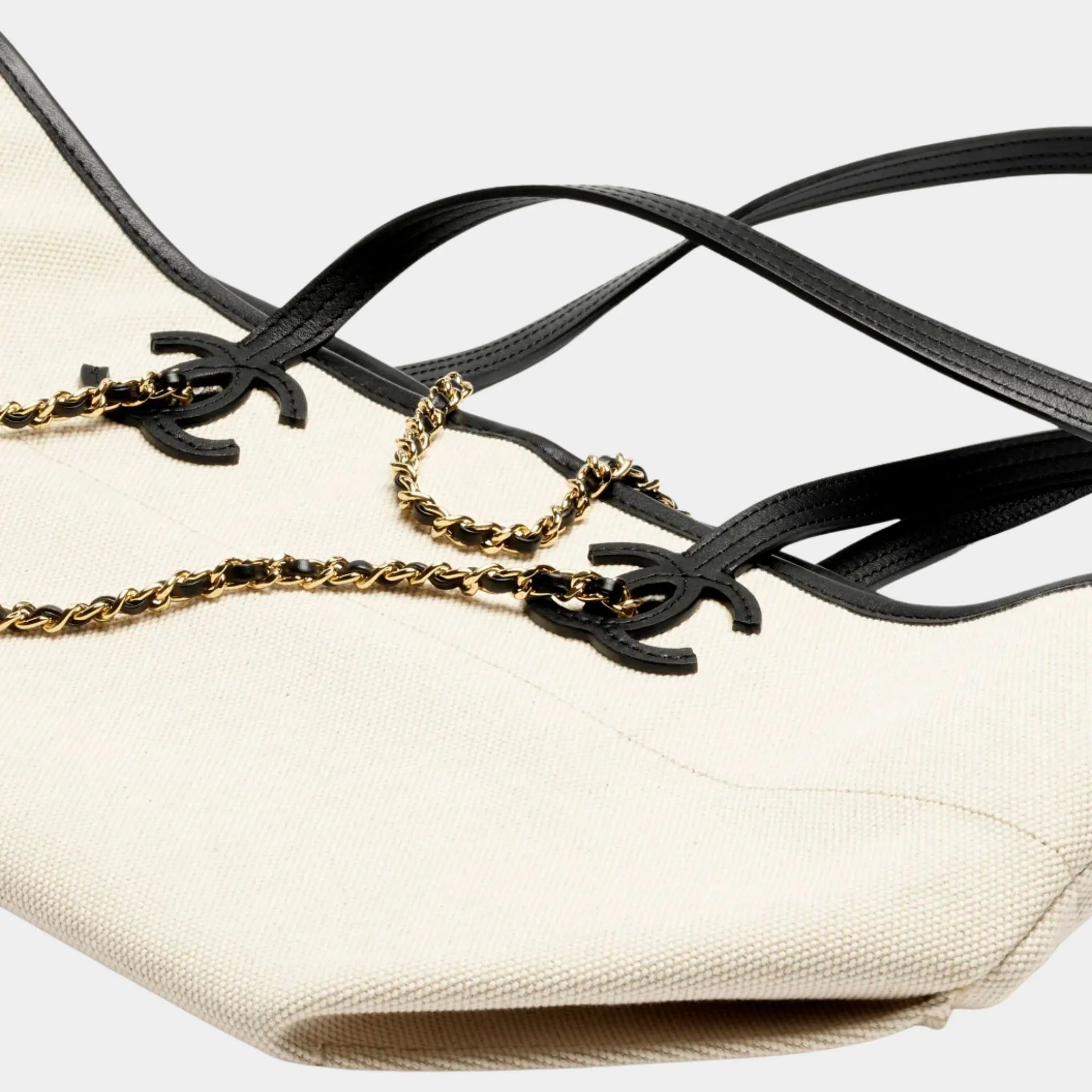Chanel Small Tote Bag Canvas Calfskin &amp; Gold-Tone Metal Ecru &amp; Black