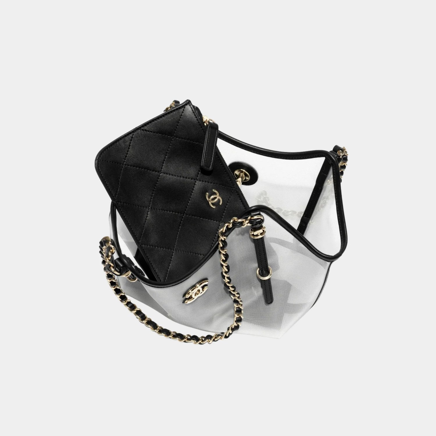 Small Tote Bag Fishnet Calfskin &amp; Gold-Tone Metal Transparent &amp; Black