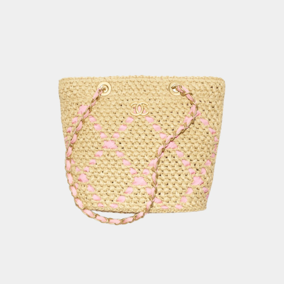 Small Tote Braided Raffia Cotton Grosgain Ribbon &amp; gold tone metal, Light pink . Side 