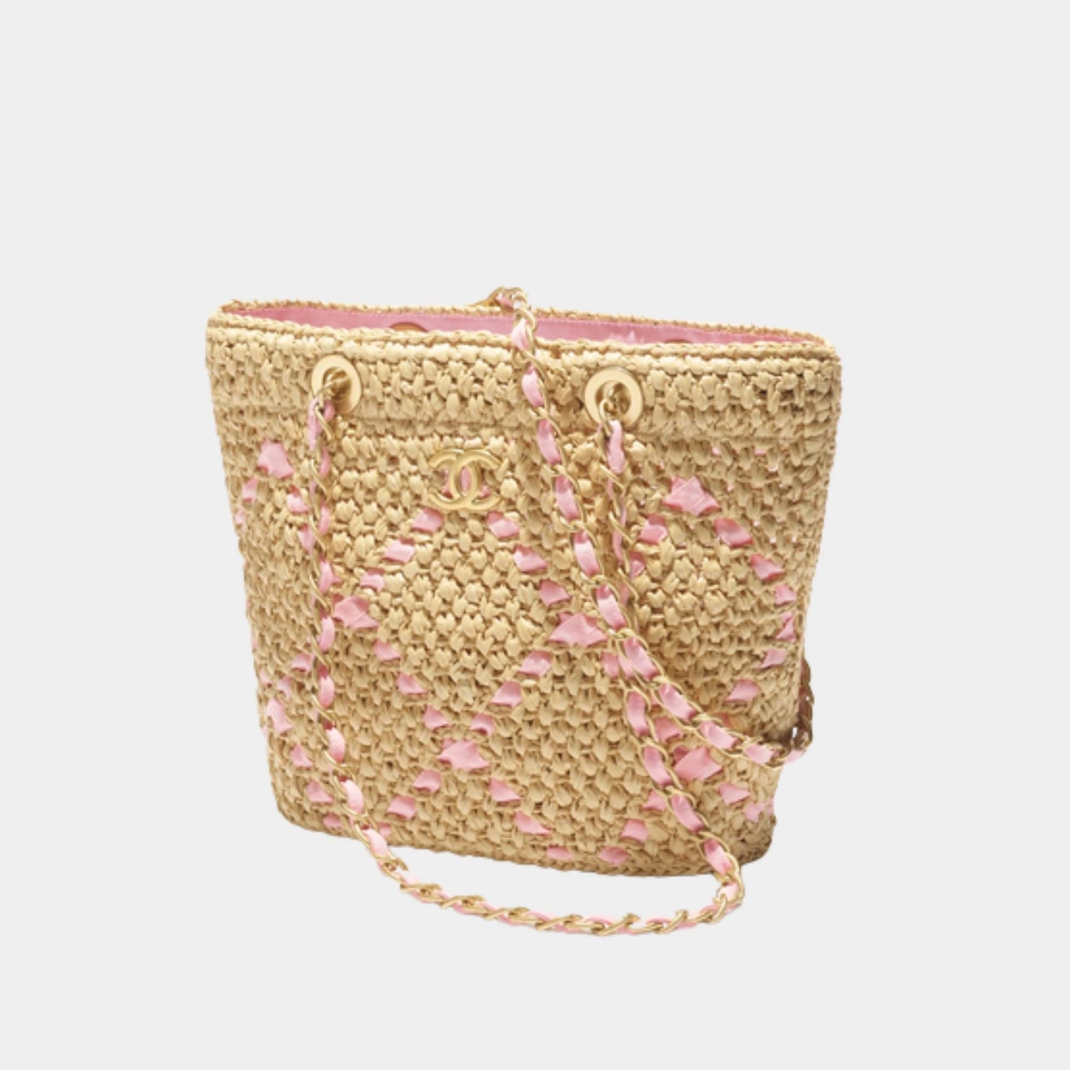 Small Tote Braided Raffia Cotton Grosgain Ribbon &amp; gold tone metal, Light pink . Side 