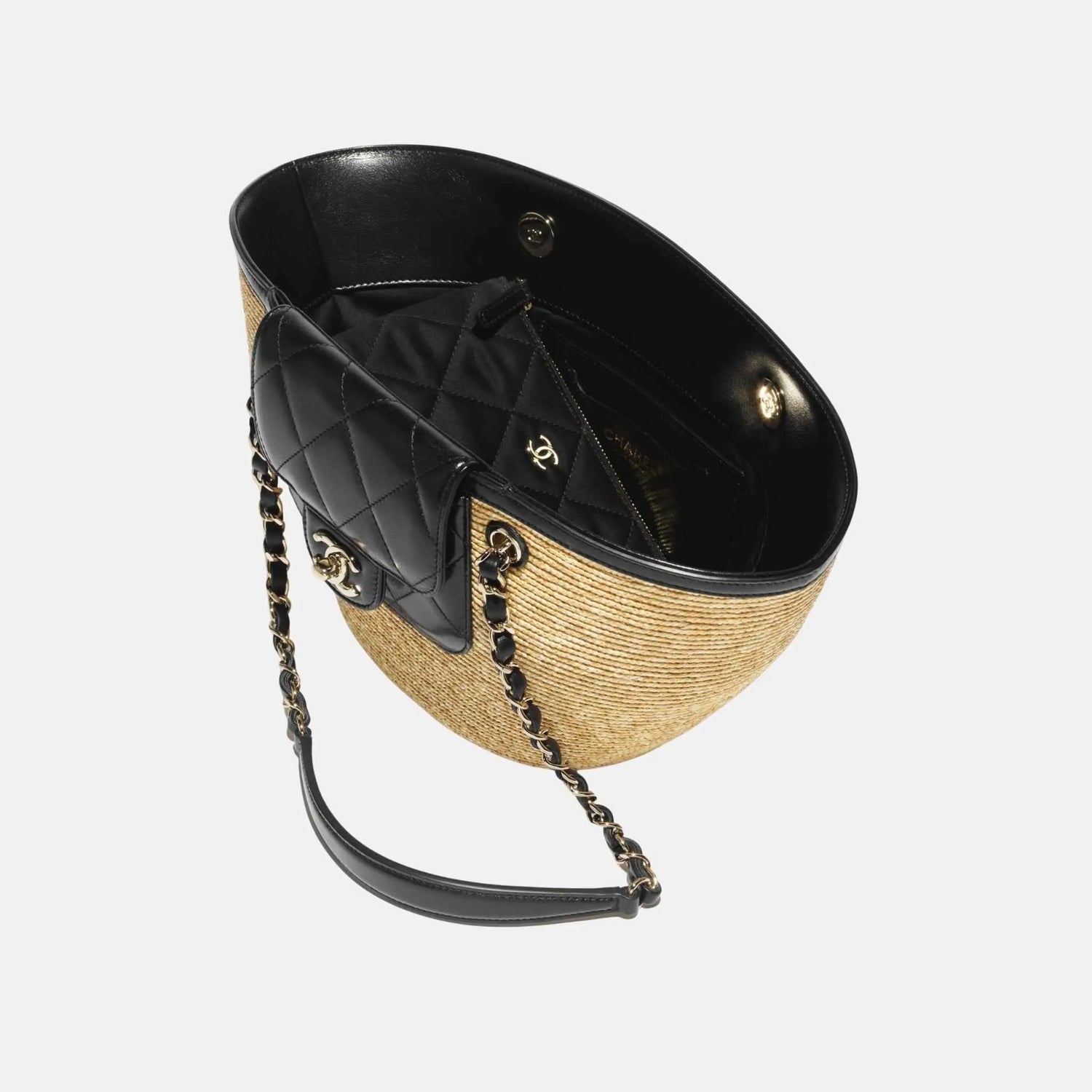 Chanel Small Tote Braided Straw Lambskin Gold Tone Metal, Inside