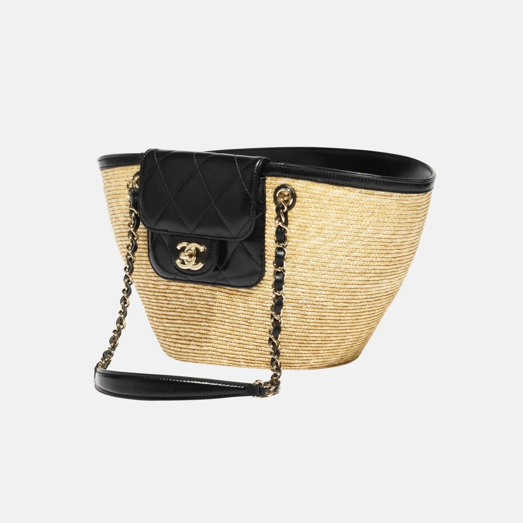 Chanel Small Tote Braided Straw Lambskin Gold Tone Metal, Side