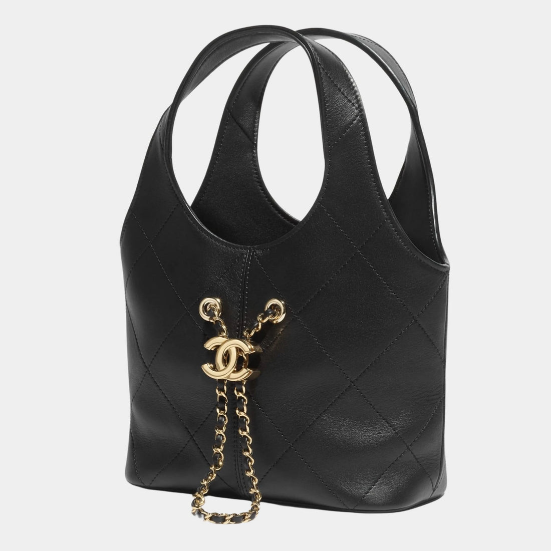Chanel حقيبة توت صغيرة من جلد العجل ومعدن بلون ذهبي، سوداء، من الجانب
