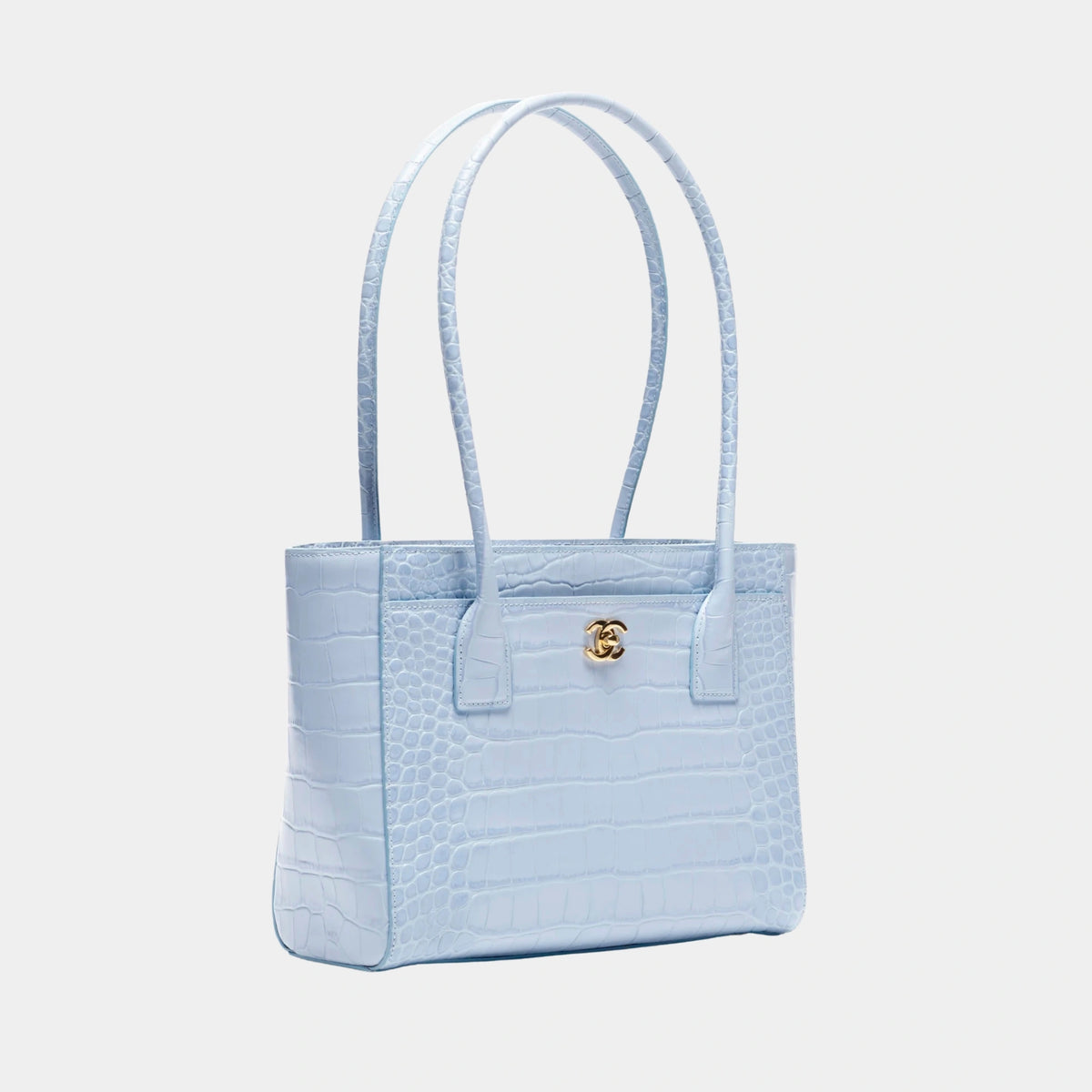 Small Tote Crocodile Embossed Calfskin & Gold-Tone Metal Light Blue