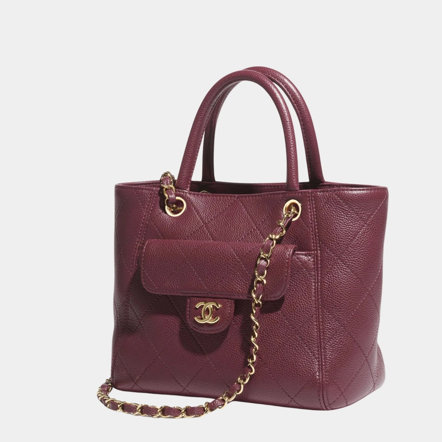 Small Tote Grained Calfskin &amp; Gold Tone Metal Dark Burgundy, Side 