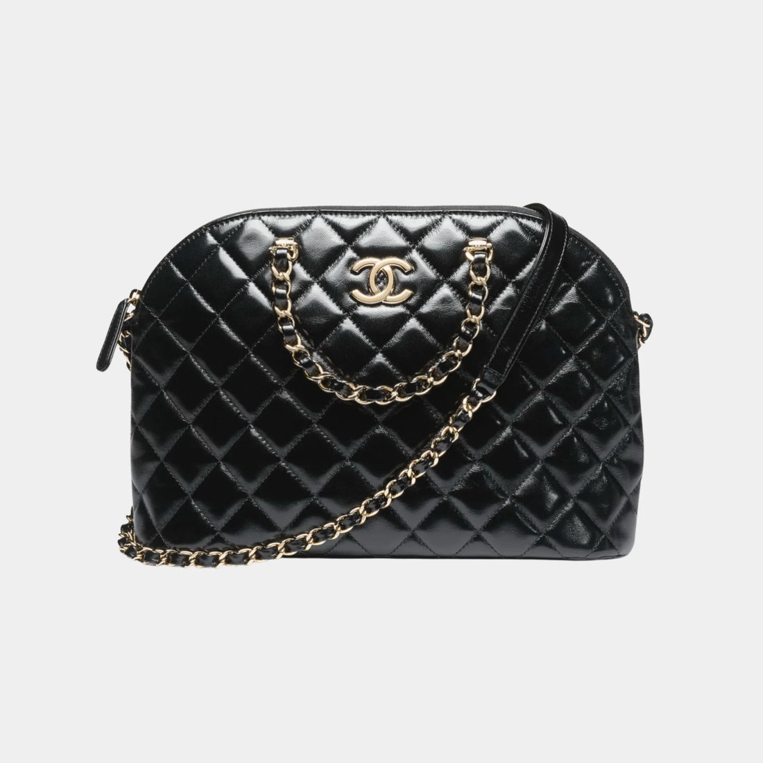 Chanel Small Tote in Shiny Lambskin &amp; Gold-Tone Metal, Black, Front