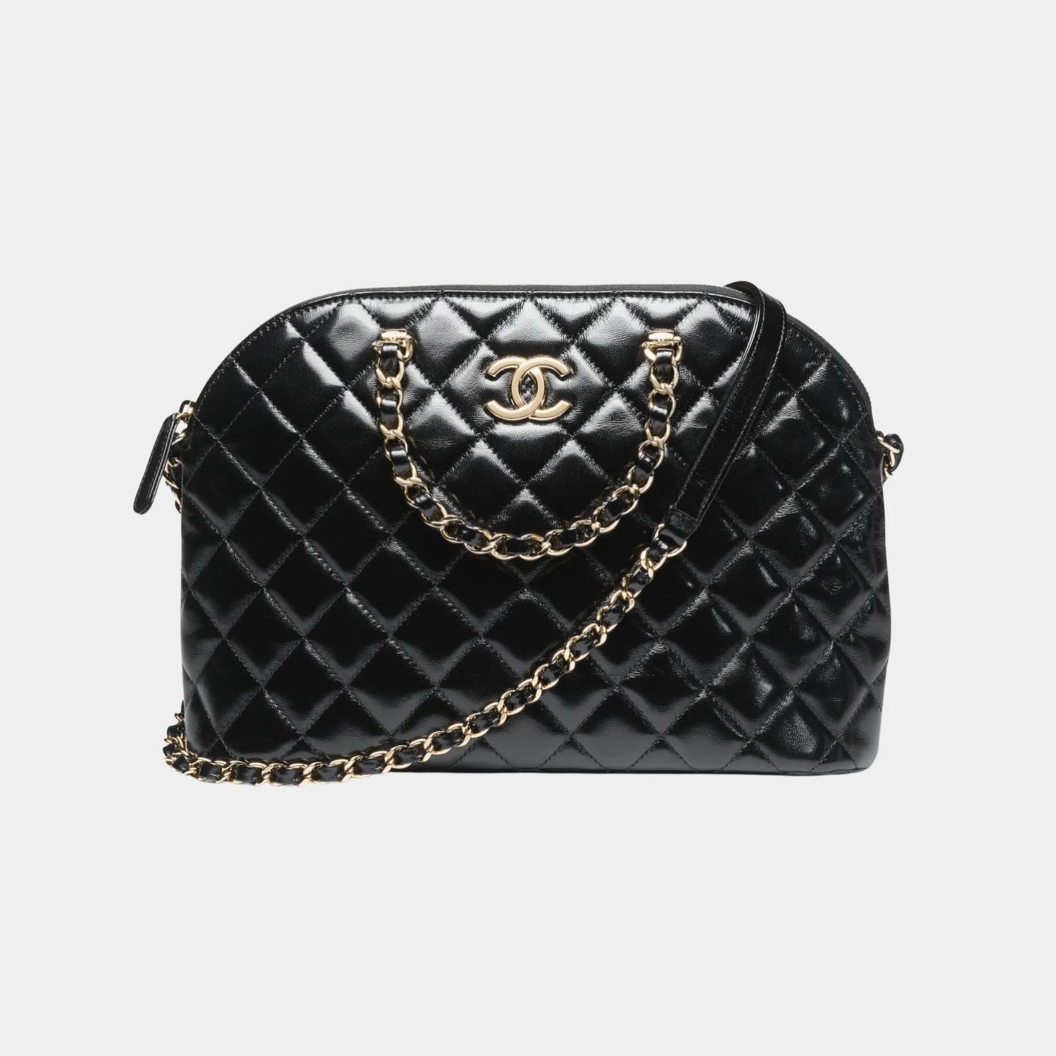 Chanel Small Tote in Shiny Lambskin &amp; Gold-Tone Metal, Black, Front