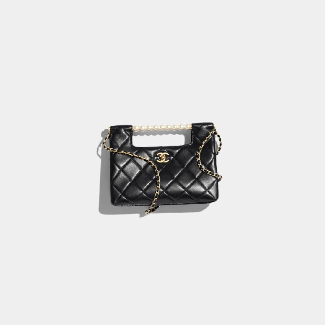 Chanel Small Tote Shiny Lambskin Pearls Gold-Tone Metal Black, Front