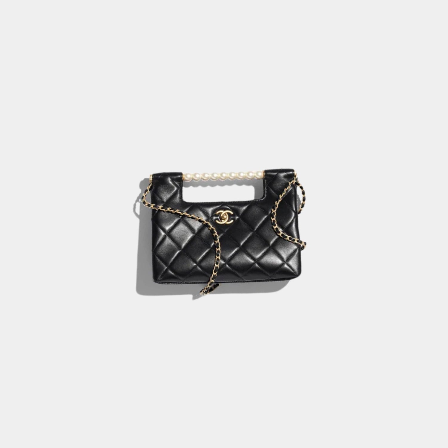 Chanel Small Tote Shiny Lambskin Pearls Gold-Tone Metal Black, Front