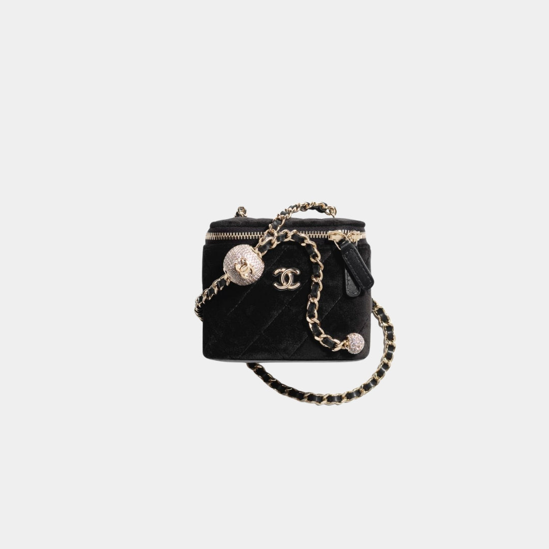 Chanel Small Vanity with Chain in Velvet with Diamante, Black, Front