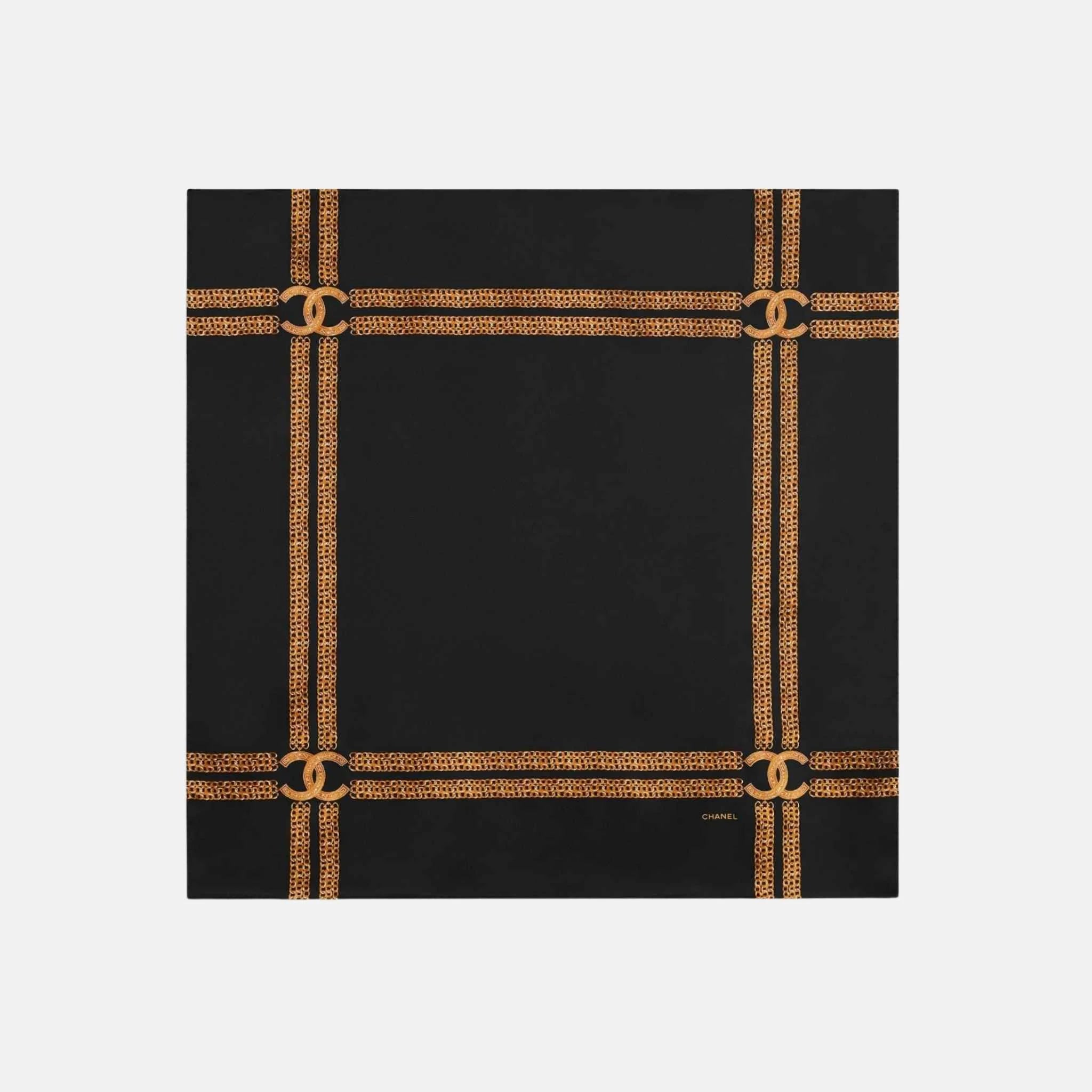 Square Scarf in Silk Satin Black and Golden