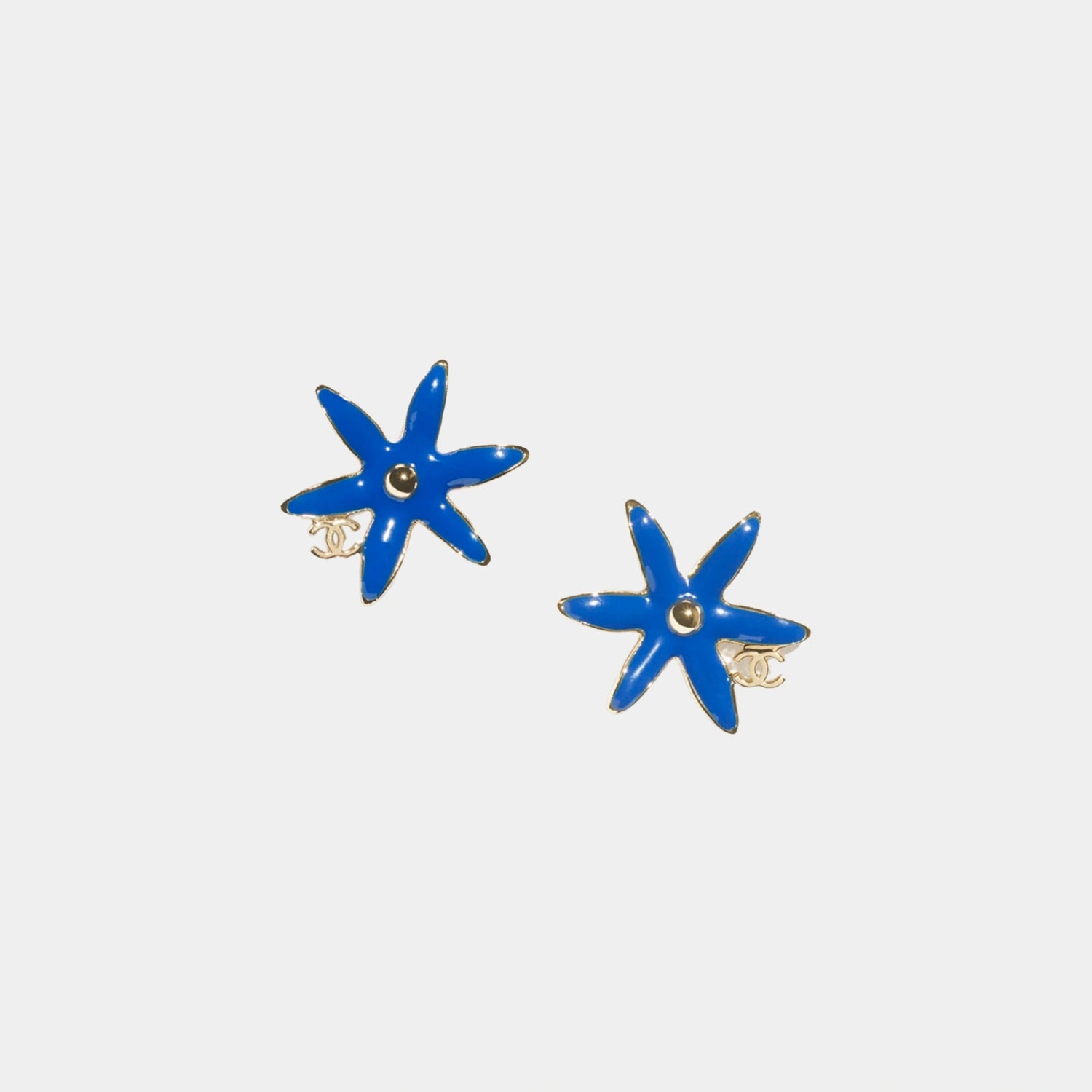 Chanel Star Flower Stud Earrings in Metal &amp; Resin, Gold &amp; Blue, Front