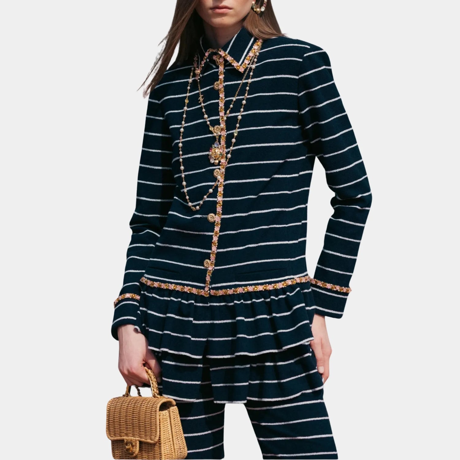 Chanel Striped Jacket in Embroidered Cotton, Navy Blue, Front
