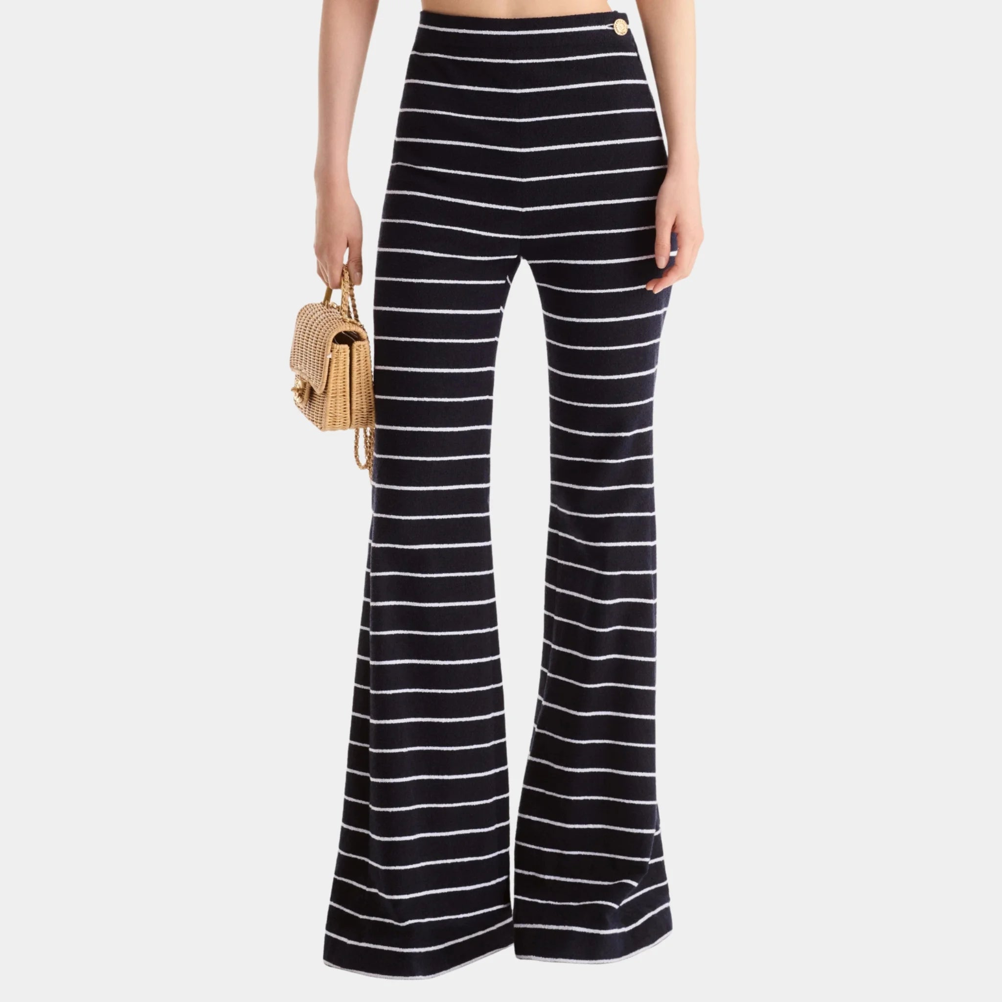 Chanel Striped Navy Blue Trousers in Cotton, Navy Blue, Front