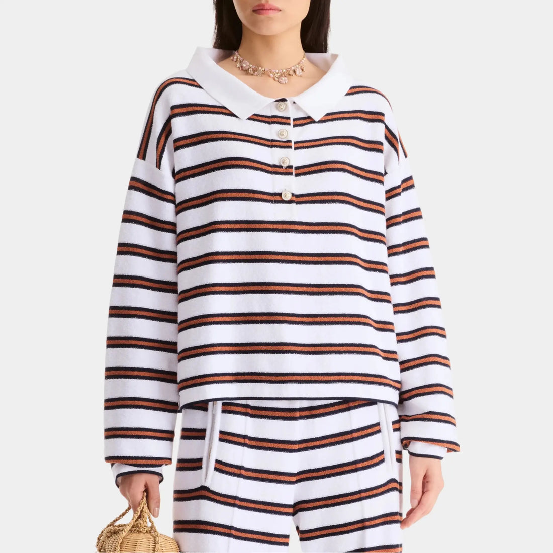 Chanel Striped Sweater in Cotton, White, Navy Blue, Brown, Front