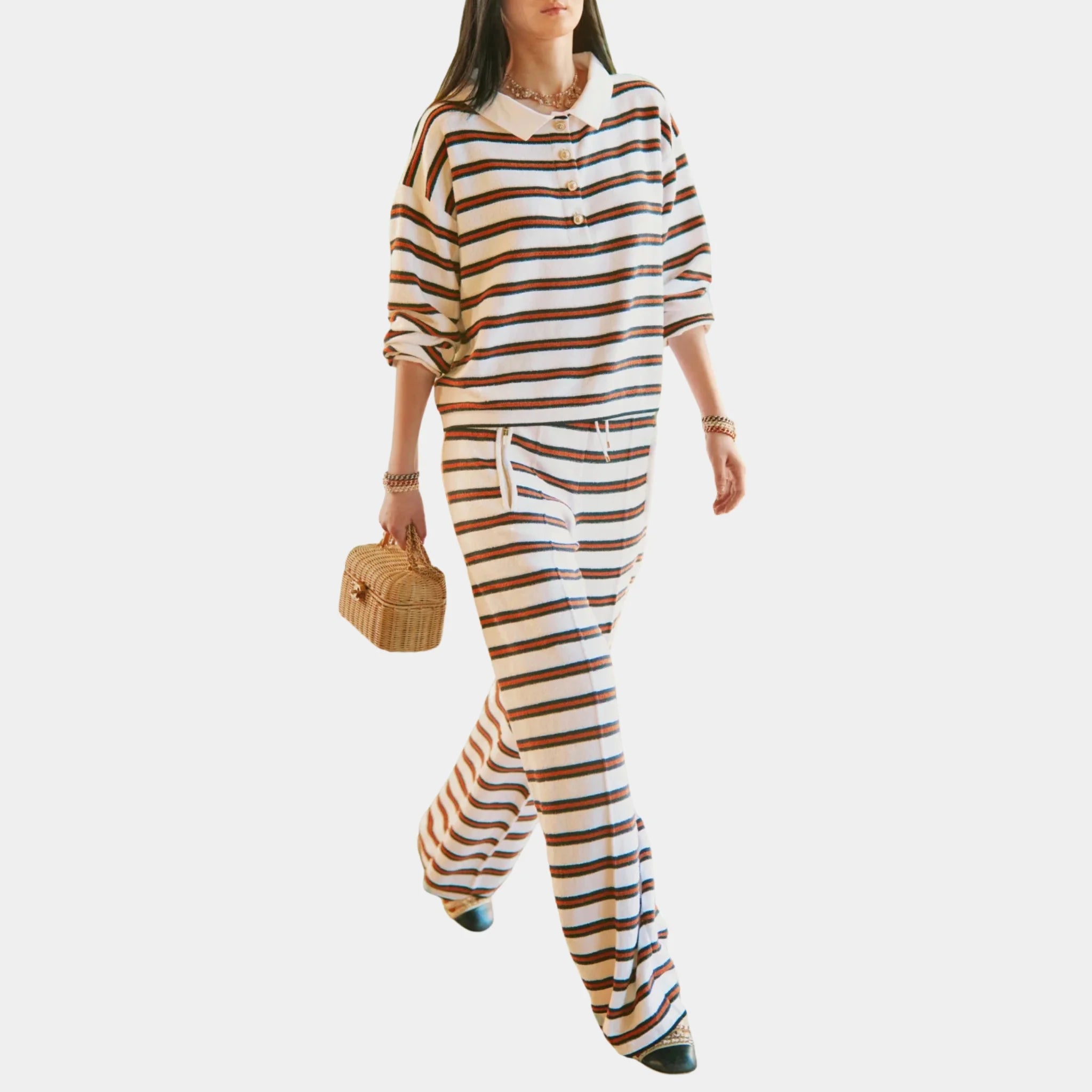 Chanel Striped Trousers in Cotton, White, Navy Blue, Brown, Front