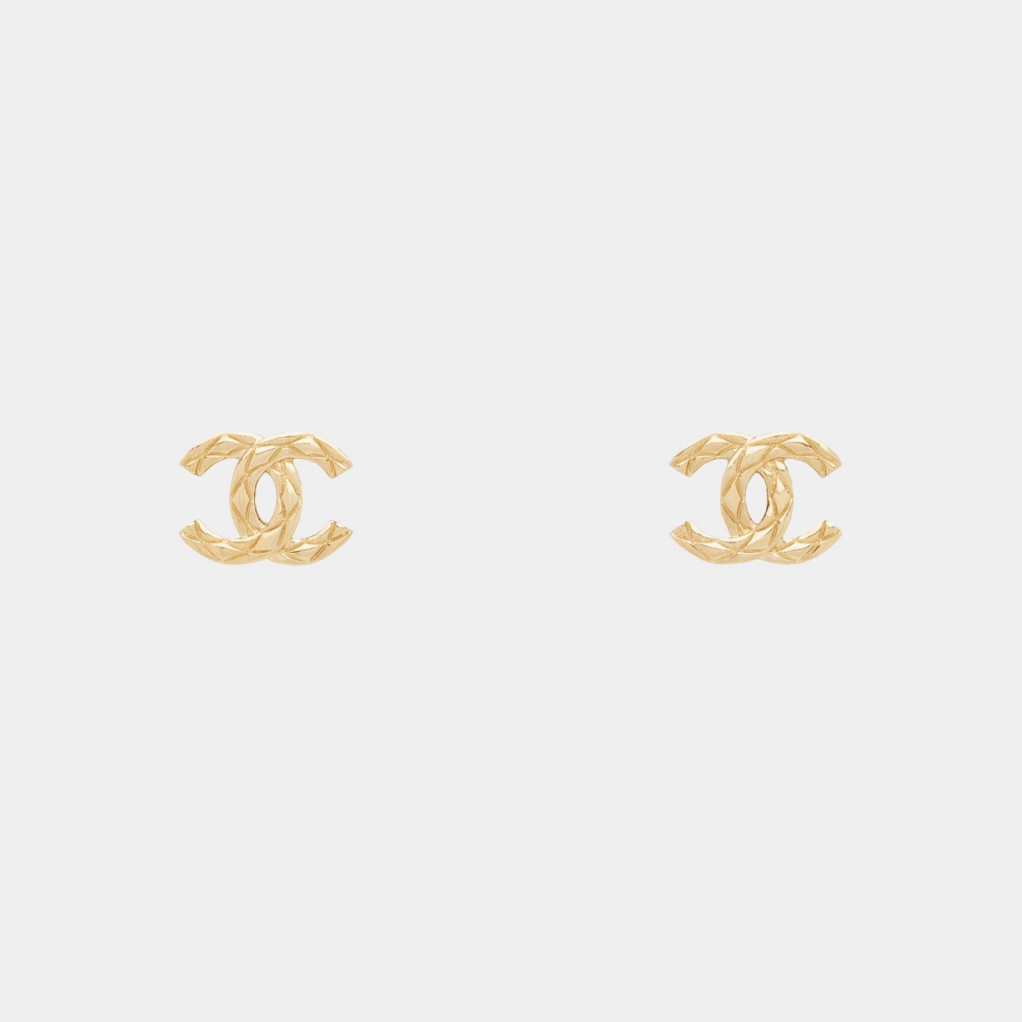 Chanel Stud Embossed CC Earrings Metal Gold