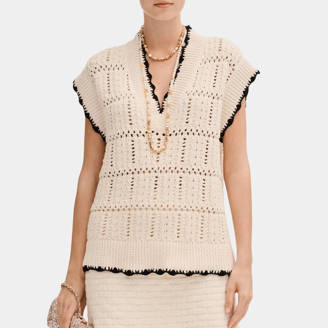 Chanel Sweater in Ecru and Black Cotton, Front