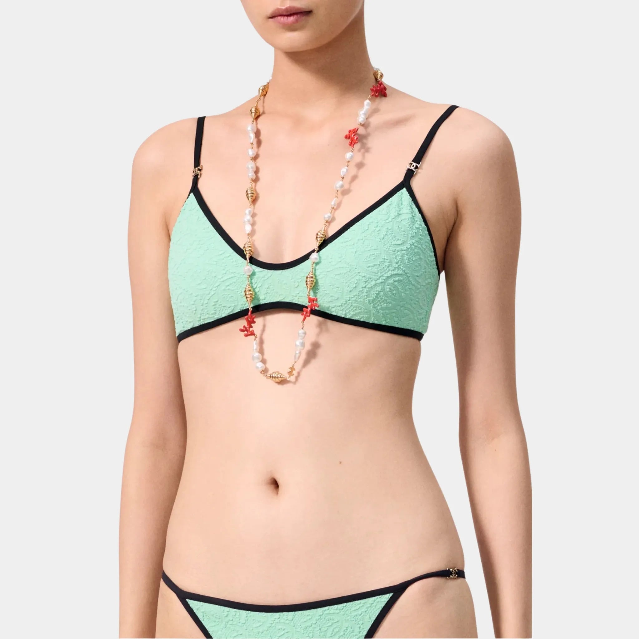 Chanel Swimsuit Top in Green &amp; Black Stretch Jersey, Front