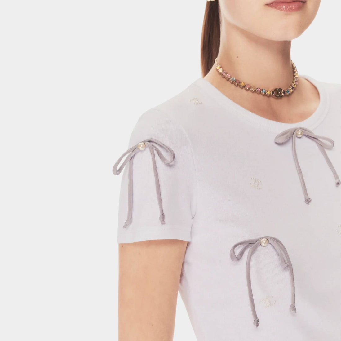 Chanel T-Shirt Embroidered Cotton Jersey White & Light Gray, Side