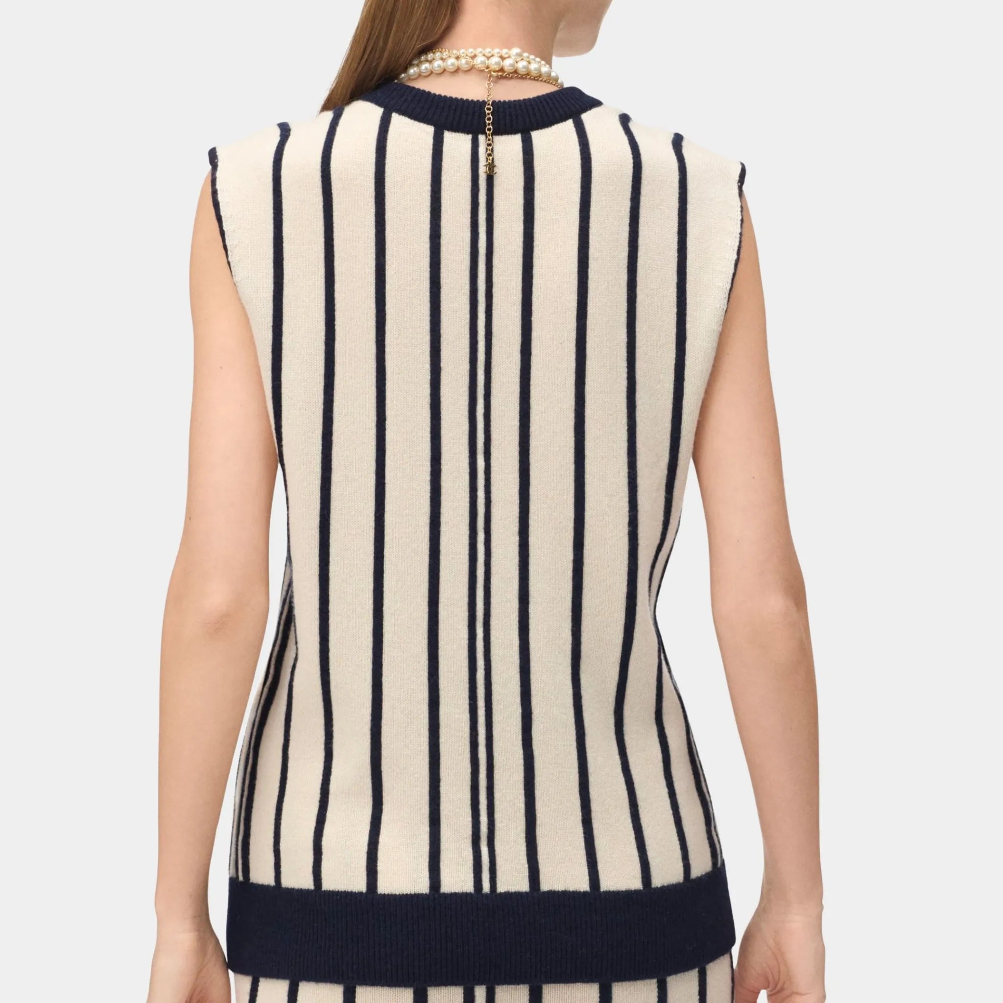 Chanel Top Cashmere &amp; Wool Ecru &amp; Dark Navy Blue back