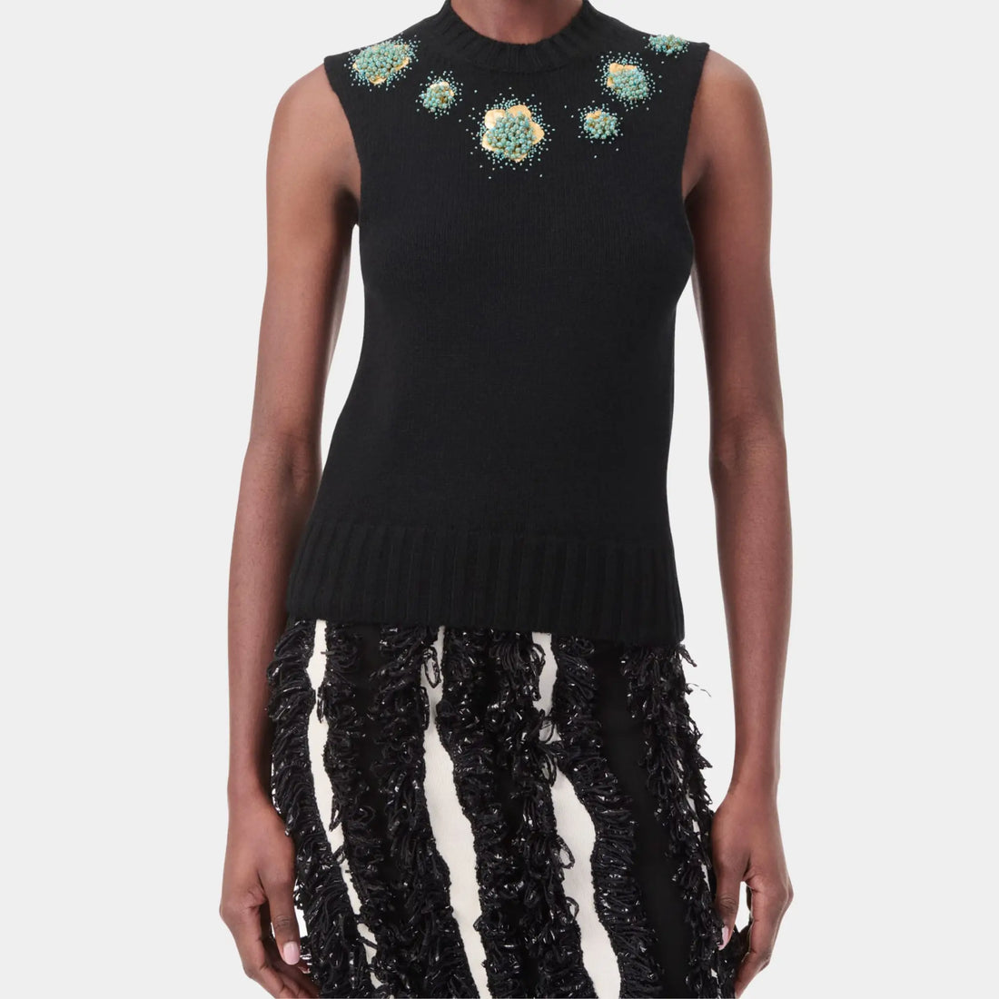 Chanel Top Embroidered Cashmere in Black Turquoise & Gold, Front