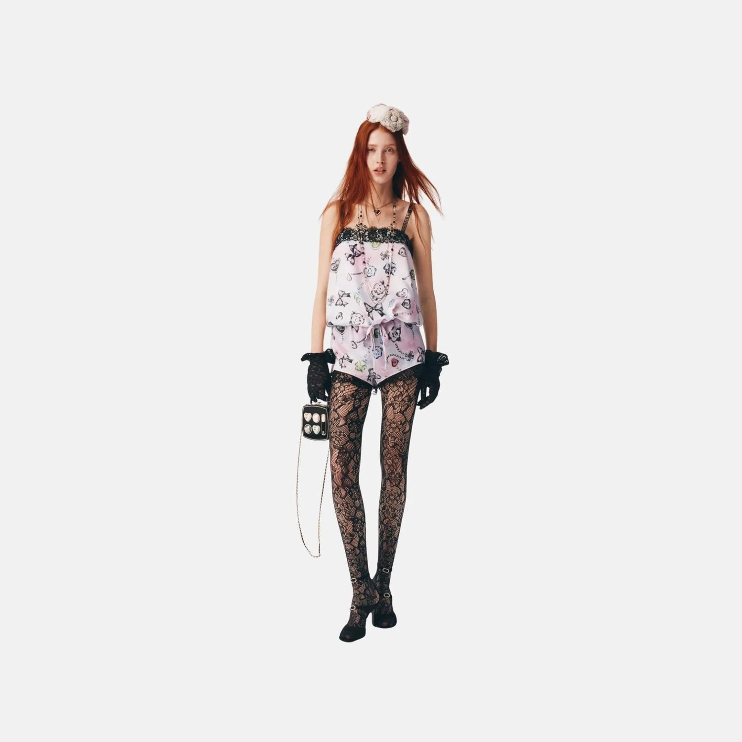 Chanel Top in Printed Silk Satin and Lace, Front