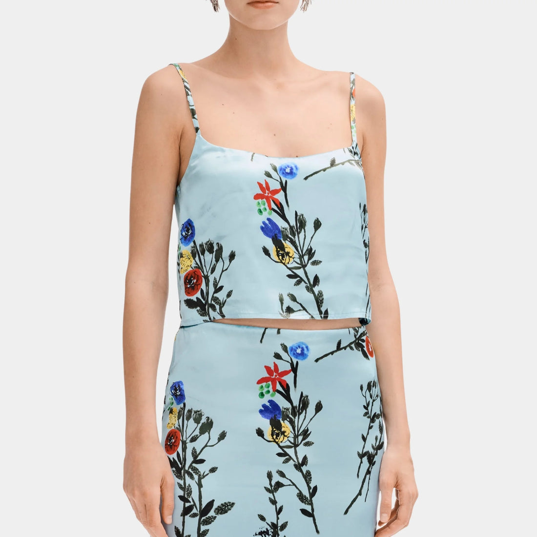 Chanel Top in Printed Silk Satin, Blue, Front
