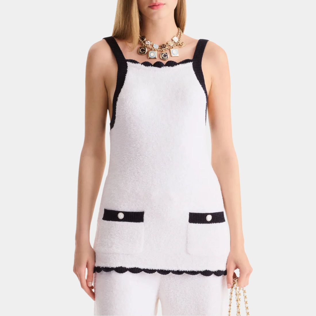 Chanel Top in White &amp; Navy Blue Silk, Front
